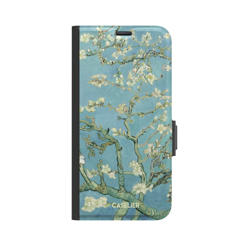 Almond Blossoms by Vincent van Gogh phone case showing white flowering branches against a teal sky, phone case by Caselier — wallet case, front view