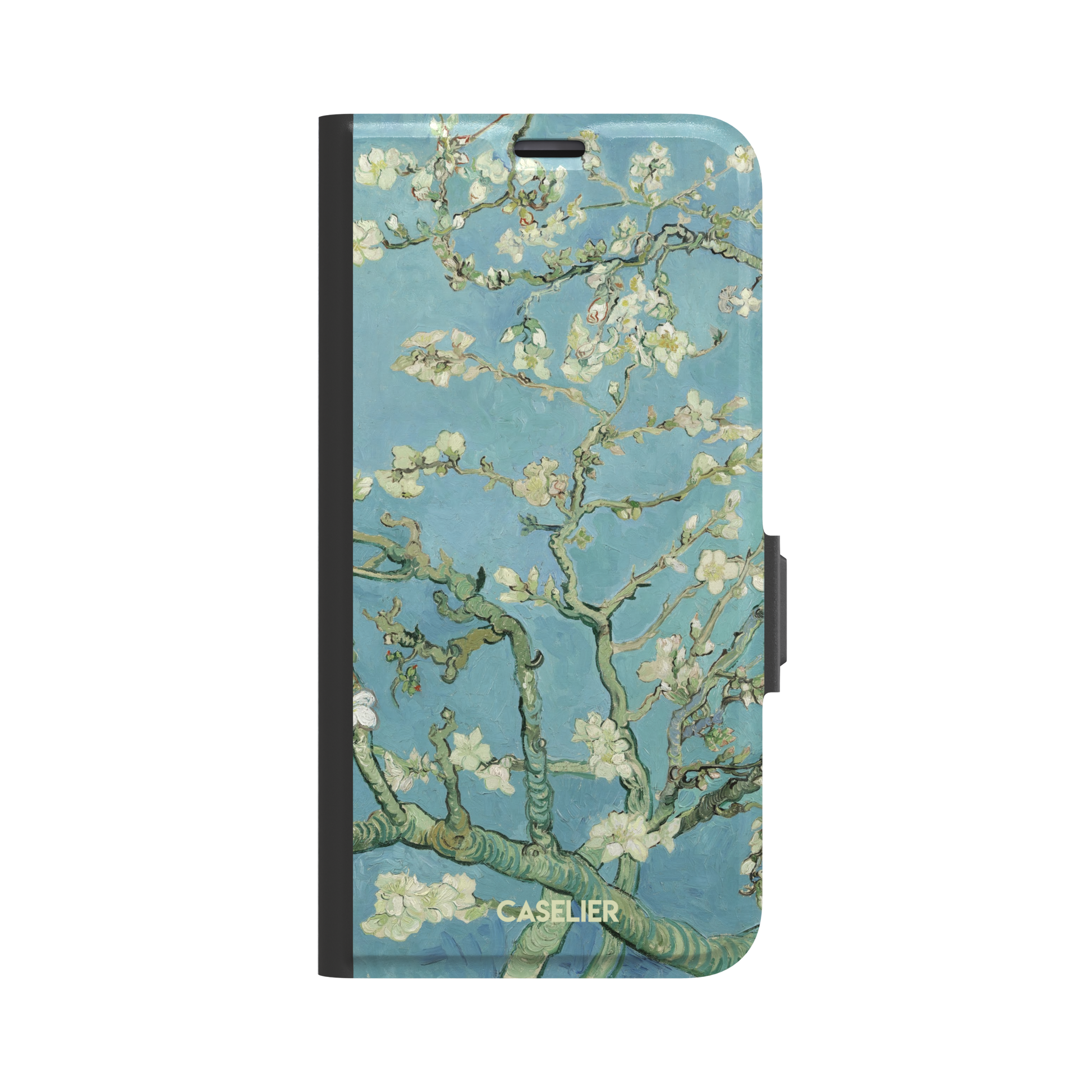 Almond Blossoms by Vincent van Gogh phone case showing white flowering branches against a teal sky, phone case by Caselier — wallet case, front view