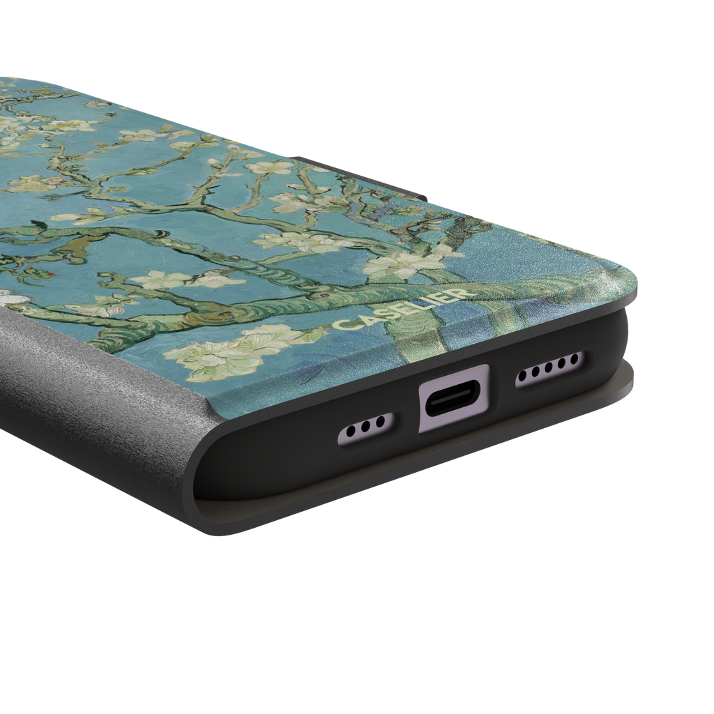 Almond Blossoms by Vincent van Gogh phone case showing white flowering branches against a teal sky, phone case by Caselier — wallet case, charging port detail