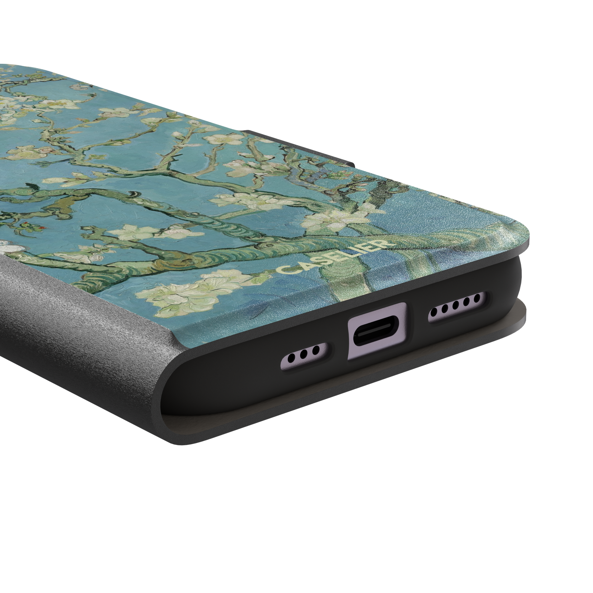 Almond Blossoms by Vincent van Gogh phone case showing white flowering branches against a teal sky, phone case by Caselier — wallet case, charging port detail