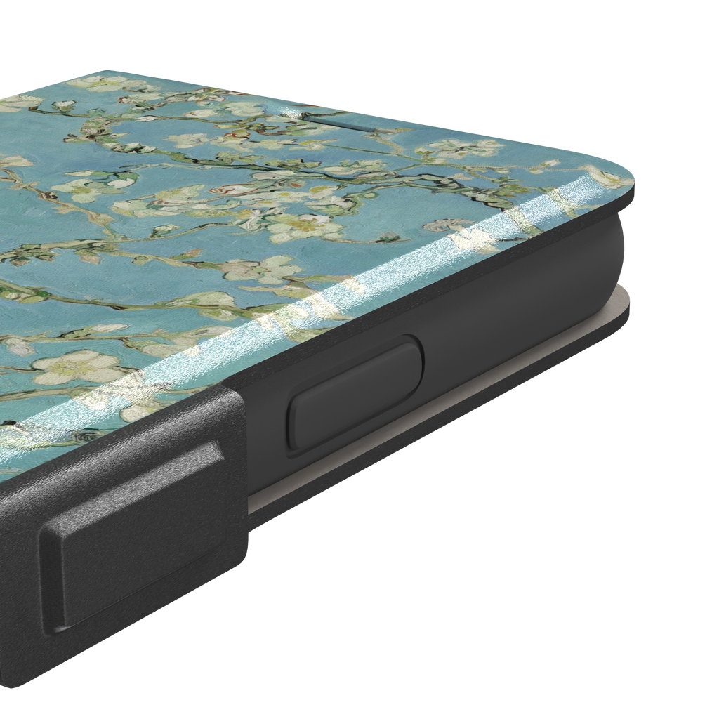 Almond Blossoms by Vincent van Gogh phone case showing white flowering branches against a teal sky, phone case by Caselier — wallet case, volume buttons detail