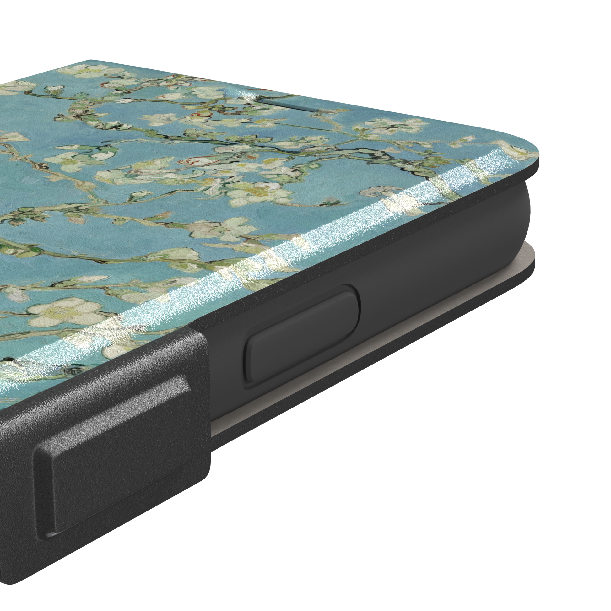 Almond Blossoms by Vincent van Gogh phone case showing white flowering branches against a teal sky, phone case by Caselier — wallet case, volume buttons detail
