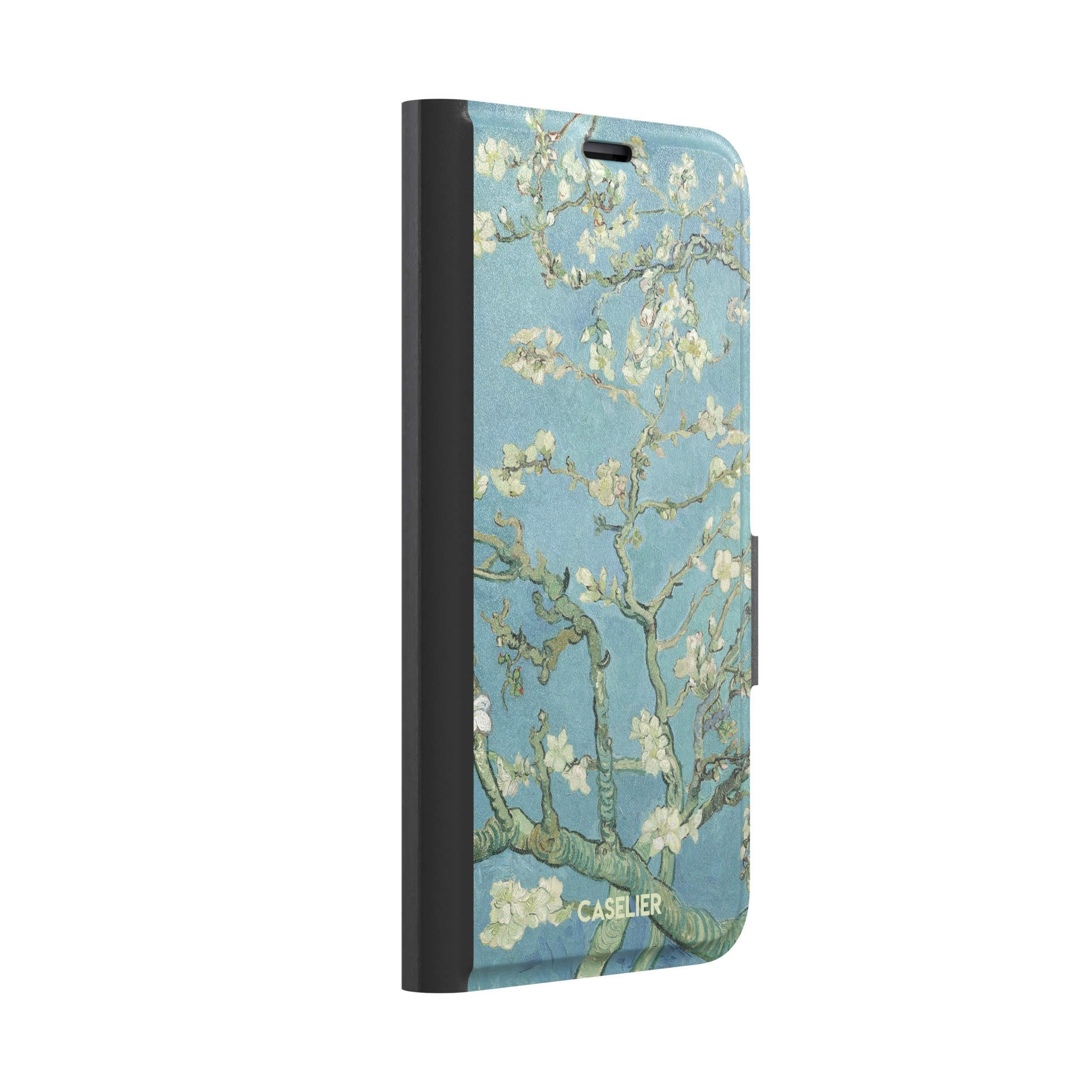 Almond Blossoms by Vincent van Gogh phone case showing white flowering branches against a teal sky, phone case by Caselier — wallet case, left view