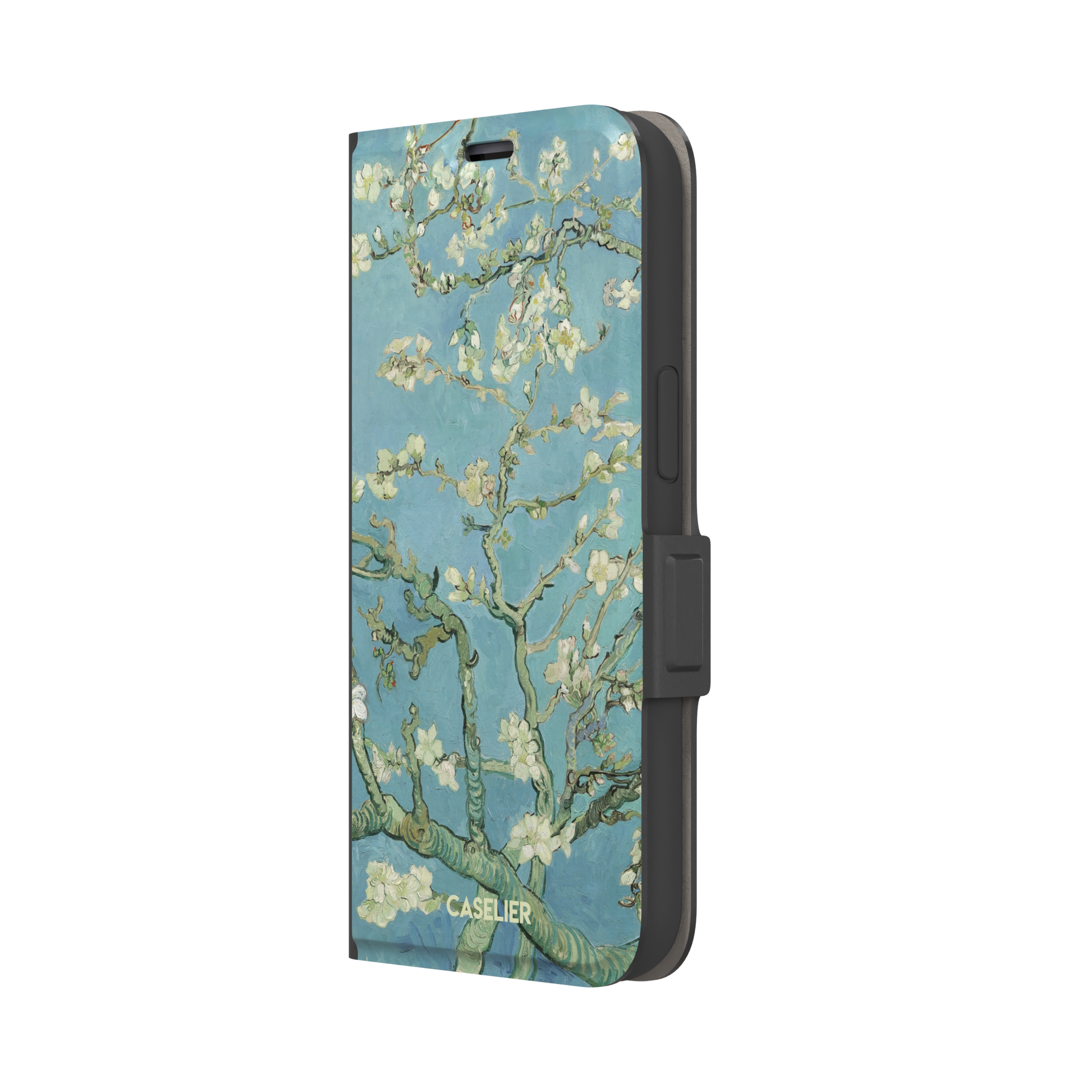 Almond Blossoms by Vincent van Gogh phone case showing white flowering branches against a teal sky, phone case by Caselier — wallet case, right view