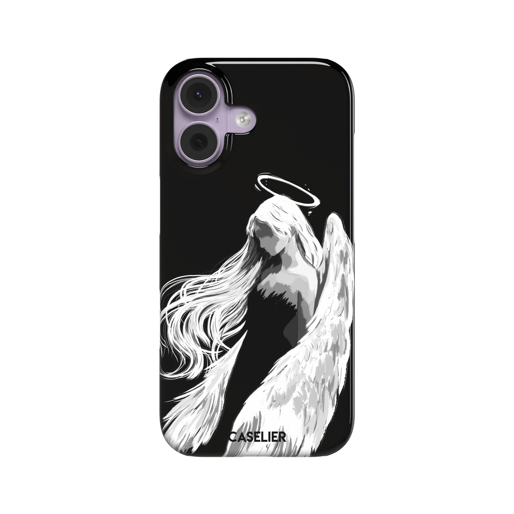 Black phone case featuring a white illustrated angel with flowing hair, large feathered wings and a glowing halo on a dark background — snap case, front view