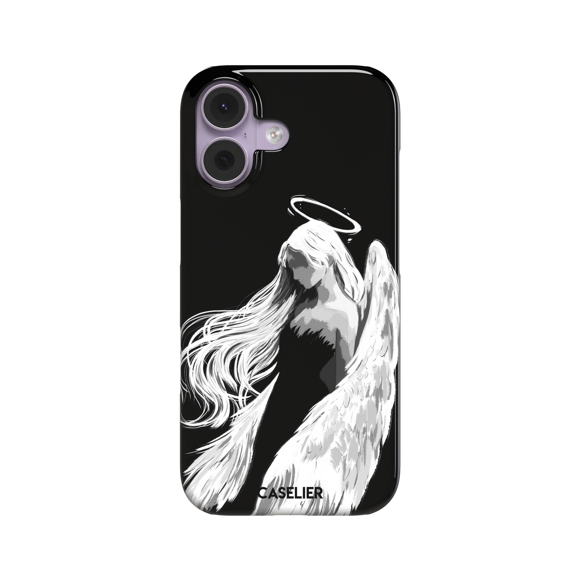 Black phone case featuring a white illustrated angel with flowing hair, large feathered wings and a glowing halo on a dark background — snap case, front view