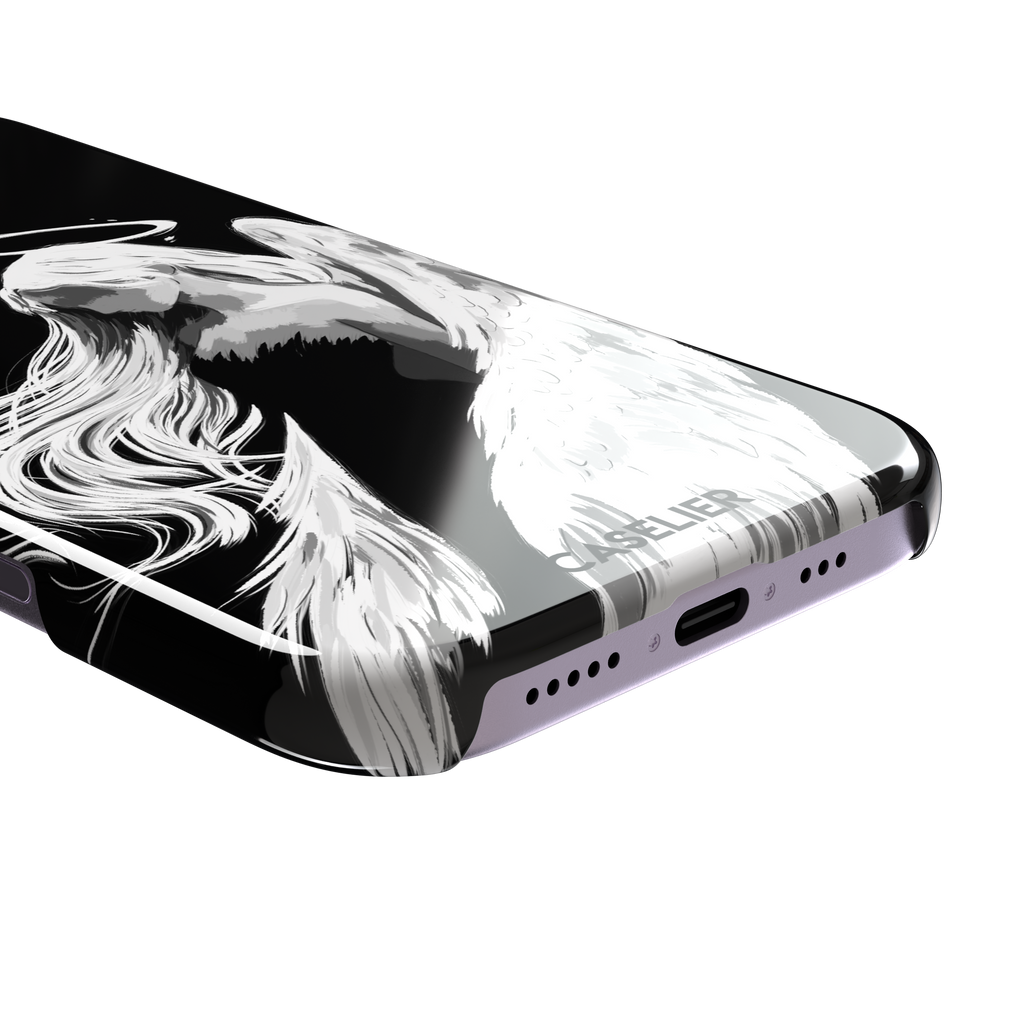 Black phone case featuring a white illustrated angel with flowing hair, large feathered wings and a glowing halo on a dark background — snap case, charging port detail