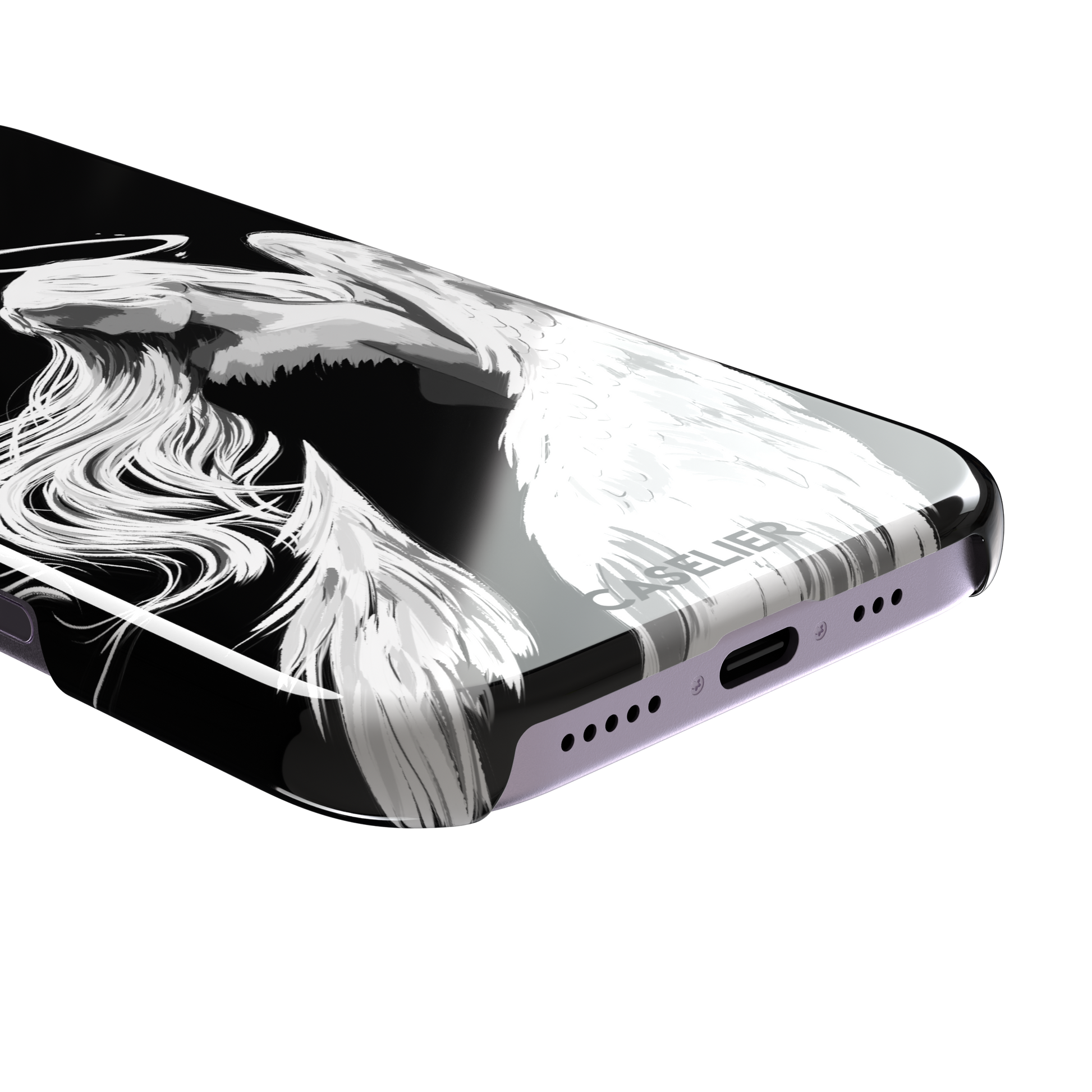 Black phone case featuring a white illustrated angel with flowing hair, large feathered wings and a glowing halo on a dark background — snap case, charging port detail