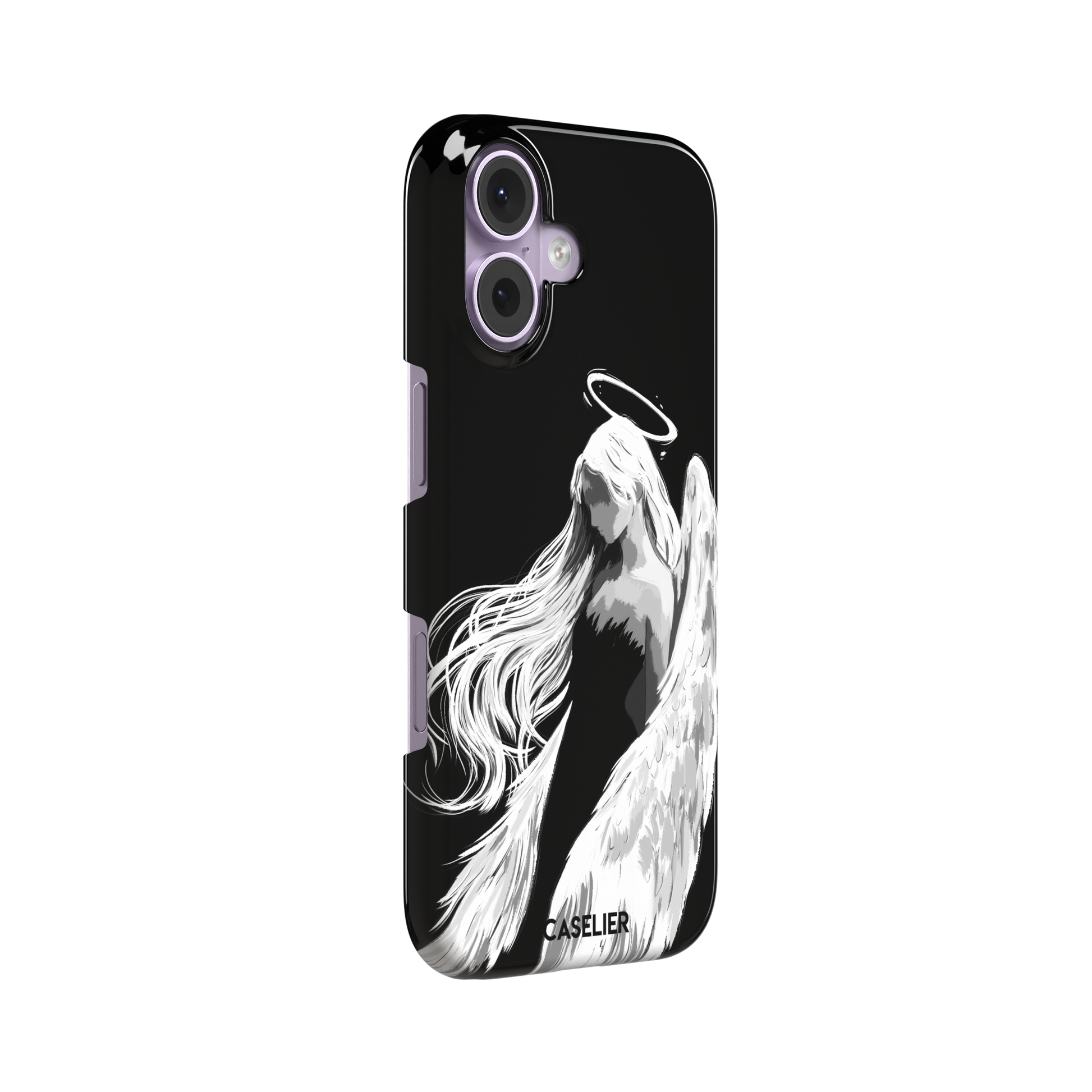 Black phone case featuring a white illustrated angel with flowing hair, large feathered wings and a glowing halo on a dark background — snap case, left view