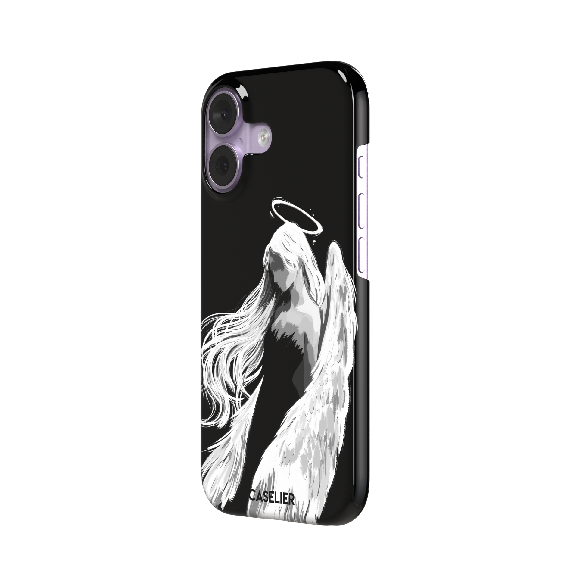 Black phone case featuring a white illustrated angel with flowing hair, large feathered wings and a glowing halo on a dark background — snap case, right view