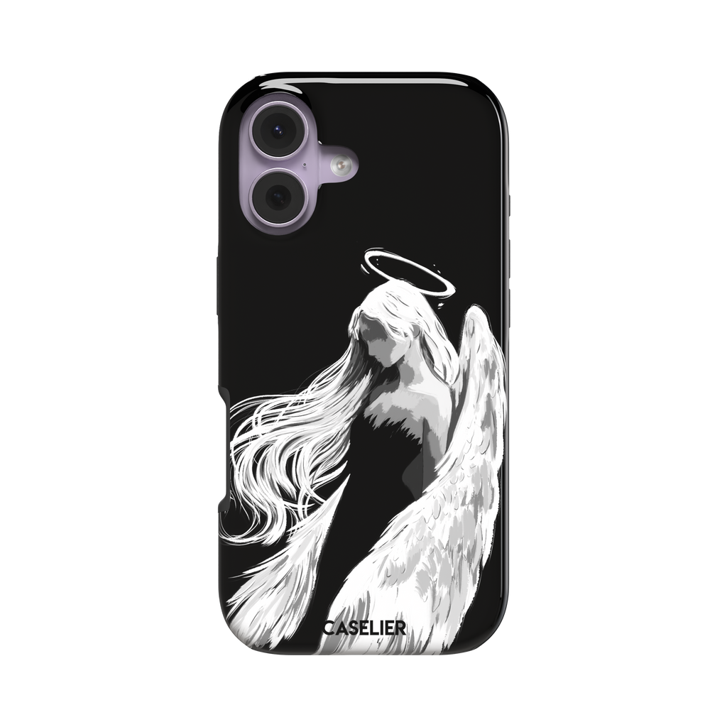 Black phone case featuring a white illustrated angel with flowing hair, large feathered wings and a glowing halo on a dark background — tough case, front view