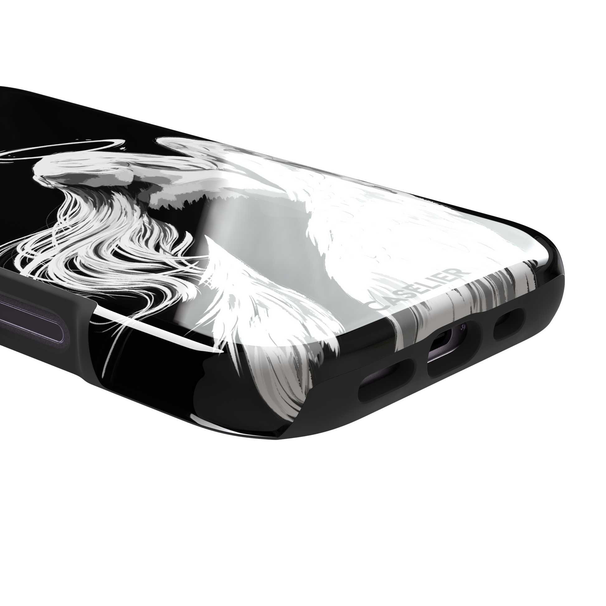 Black phone case featuring a white illustrated angel with flowing hair, large feathered wings and a glowing halo on a dark background — tough case, charging port detail