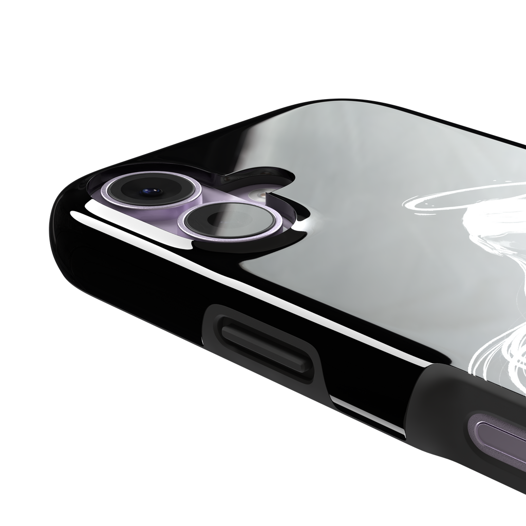 Black phone case featuring a white illustrated angel with flowing hair, large feathered wings and a glowing halo on a dark background — tough case, volume buttons detail