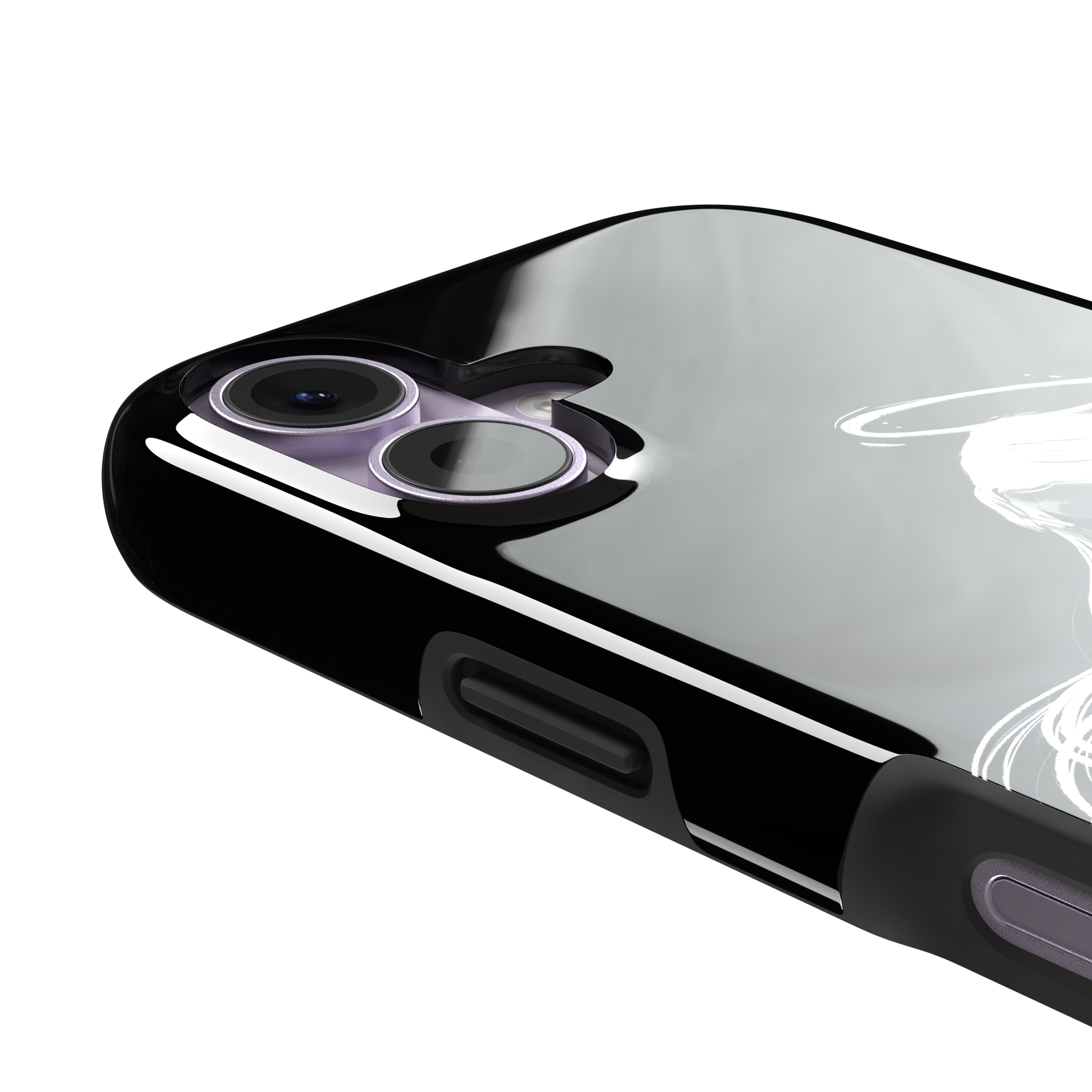Black phone case featuring a white illustrated angel with flowing hair, large feathered wings and a glowing halo on a dark background — tough case, volume buttons detail