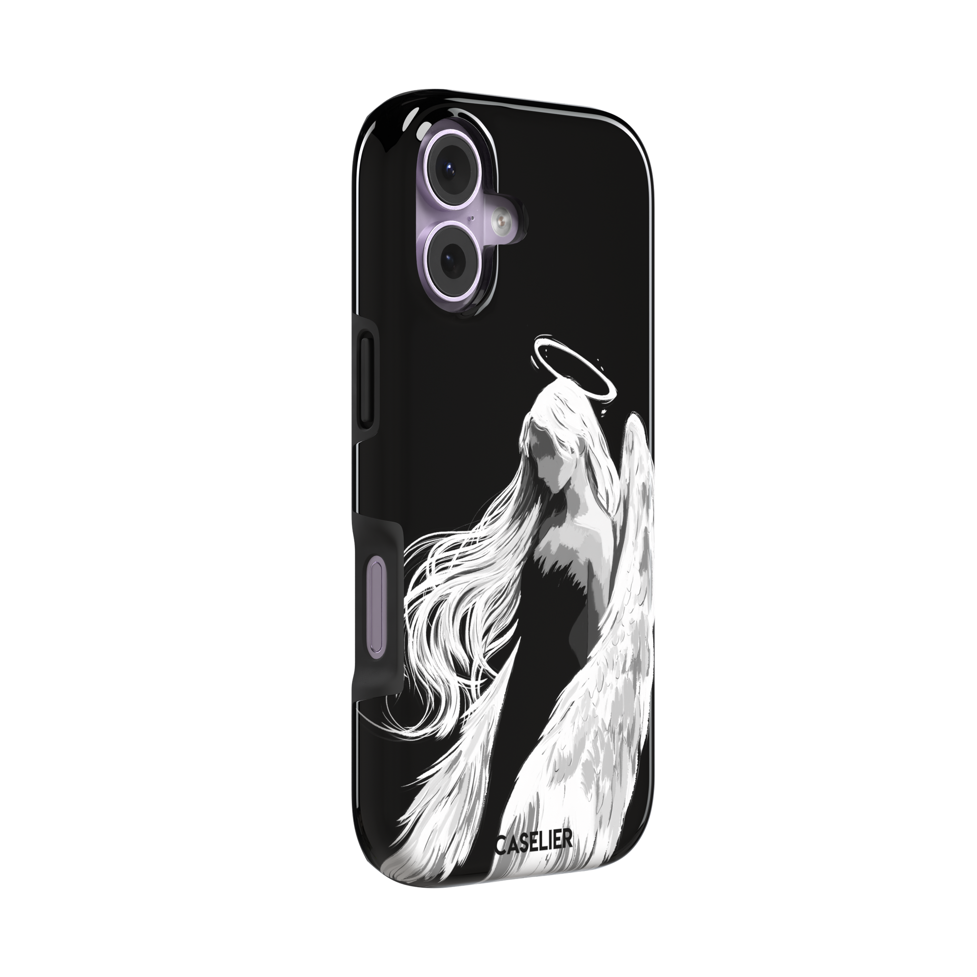 Black phone case featuring a white illustrated angel with flowing hair, large feathered wings and a glowing halo on a dark background — tough case, left view
