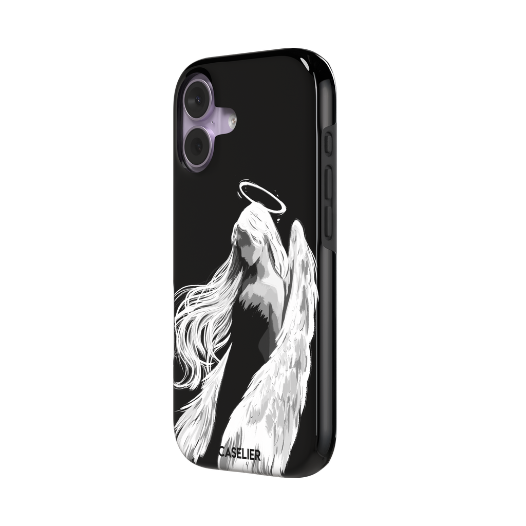 Black phone case featuring a white illustrated angel with flowing hair, large feathered wings and a glowing halo on a dark background — tough case, right view