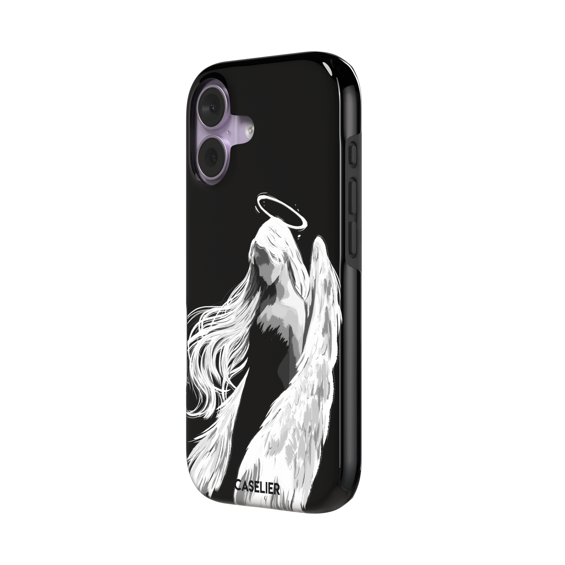 Black phone case featuring a white illustrated angel with flowing hair, large feathered wings and a glowing halo on a dark background — tough case, right view