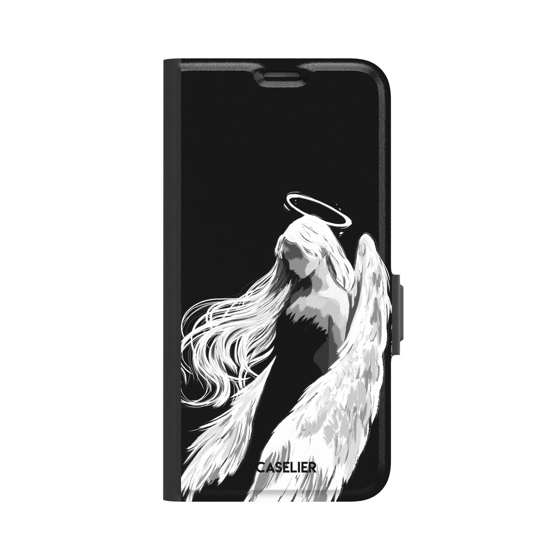 Black phone case featuring a white illustrated angel with flowing hair, large feathered wings and a glowing halo on a dark background — wallet case, front view