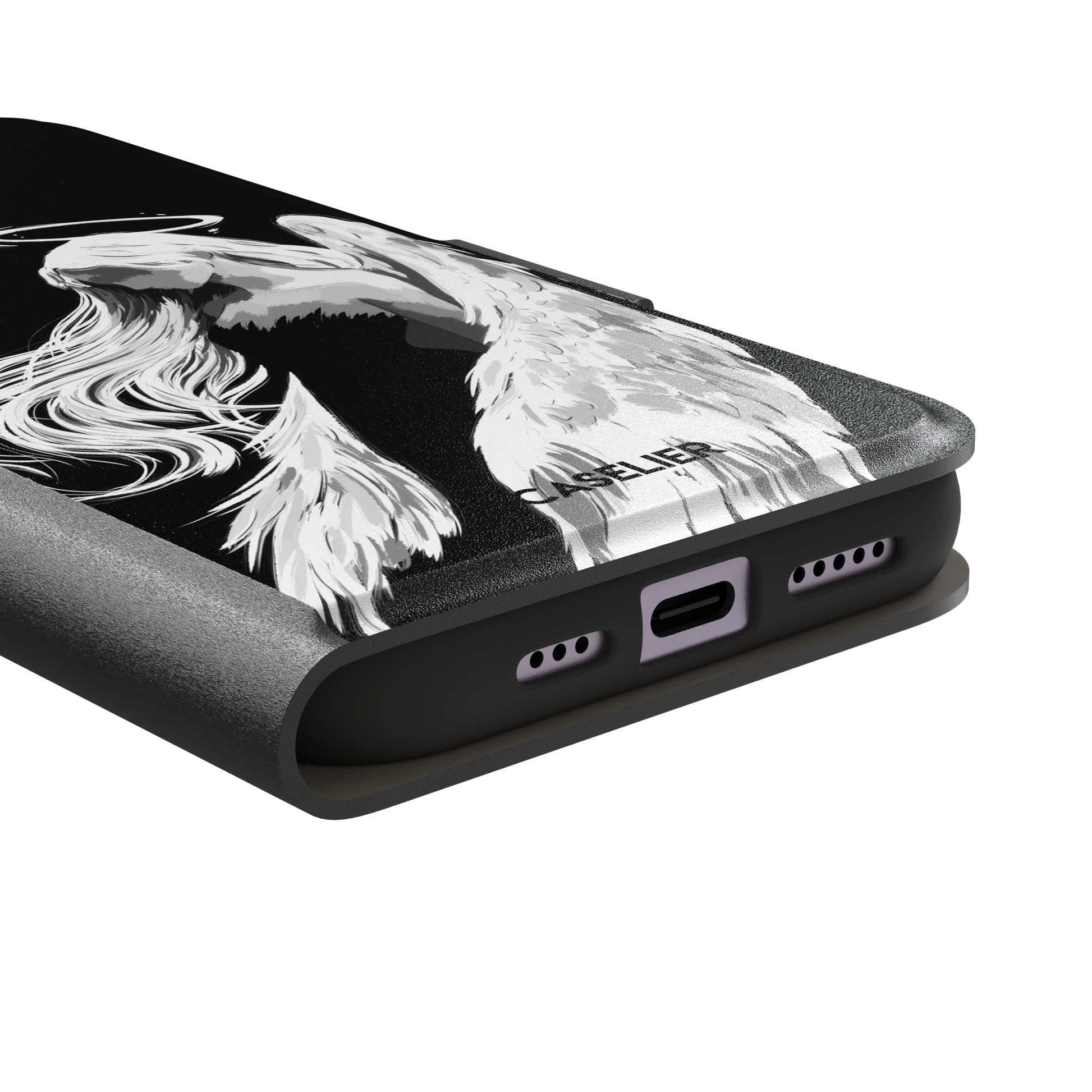 Black phone case featuring a white illustrated angel with flowing hair, large feathered wings and a glowing halo on a dark background — wallet case, charging port detail