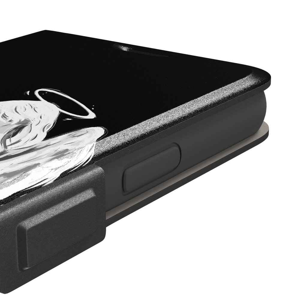 Black phone case featuring a white illustrated angel with flowing hair, large feathered wings and a glowing halo on a dark background — wallet case, volume buttons detail