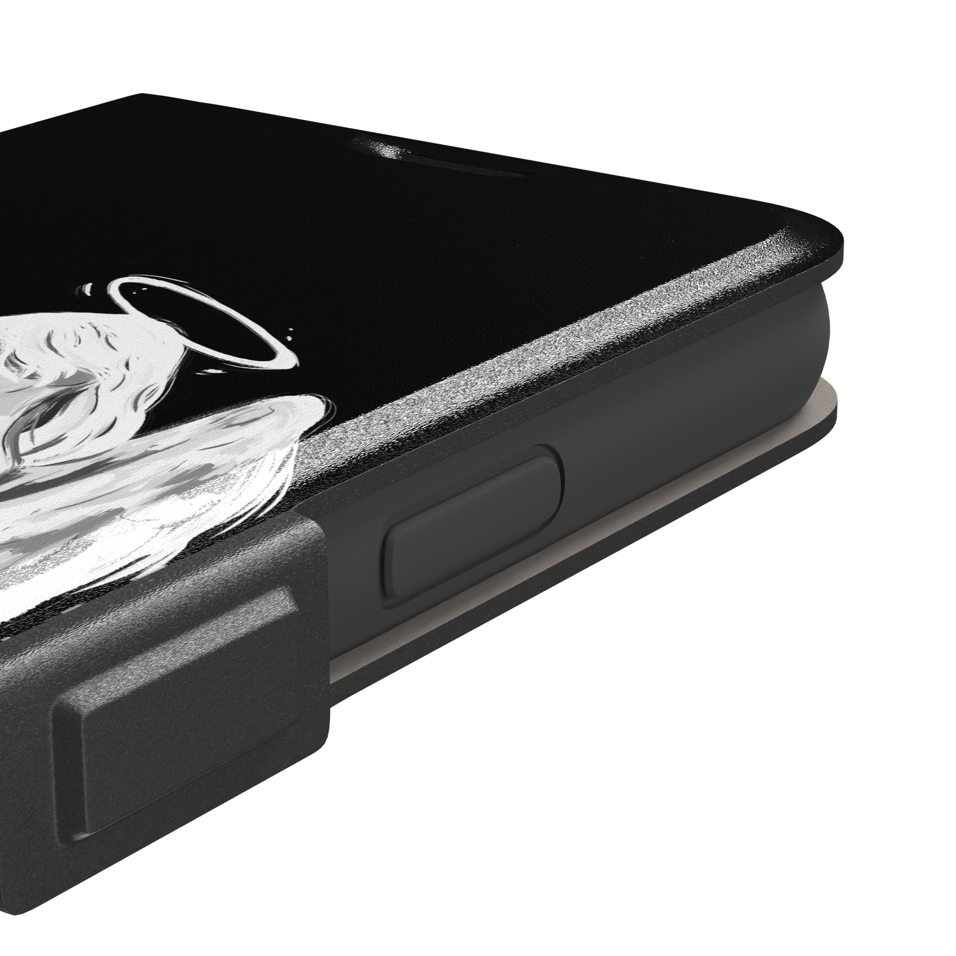 Black phone case featuring a white illustrated angel with flowing hair, large feathered wings and a glowing halo on a dark background — wallet case, volume buttons detail
