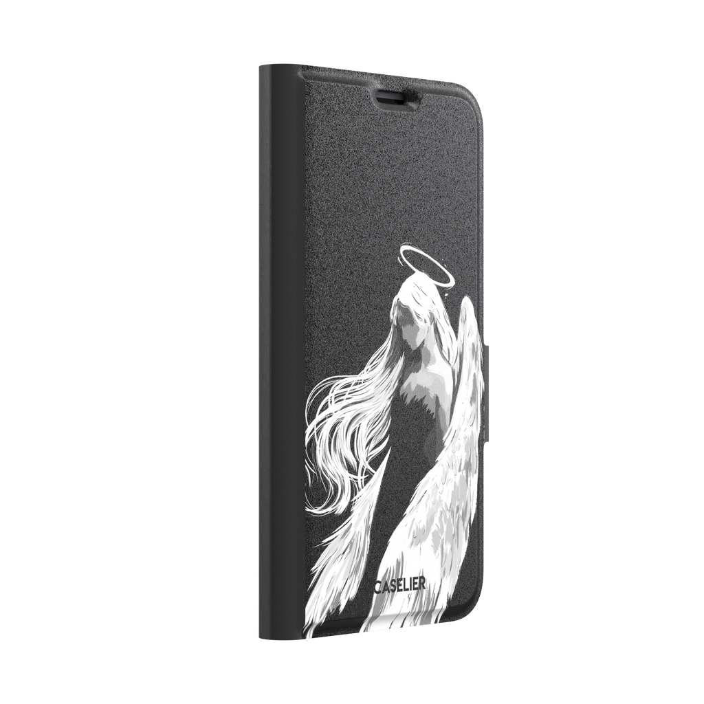Black phone case featuring a white illustrated angel with flowing hair, large feathered wings and a glowing halo on a dark background — wallet case, left view