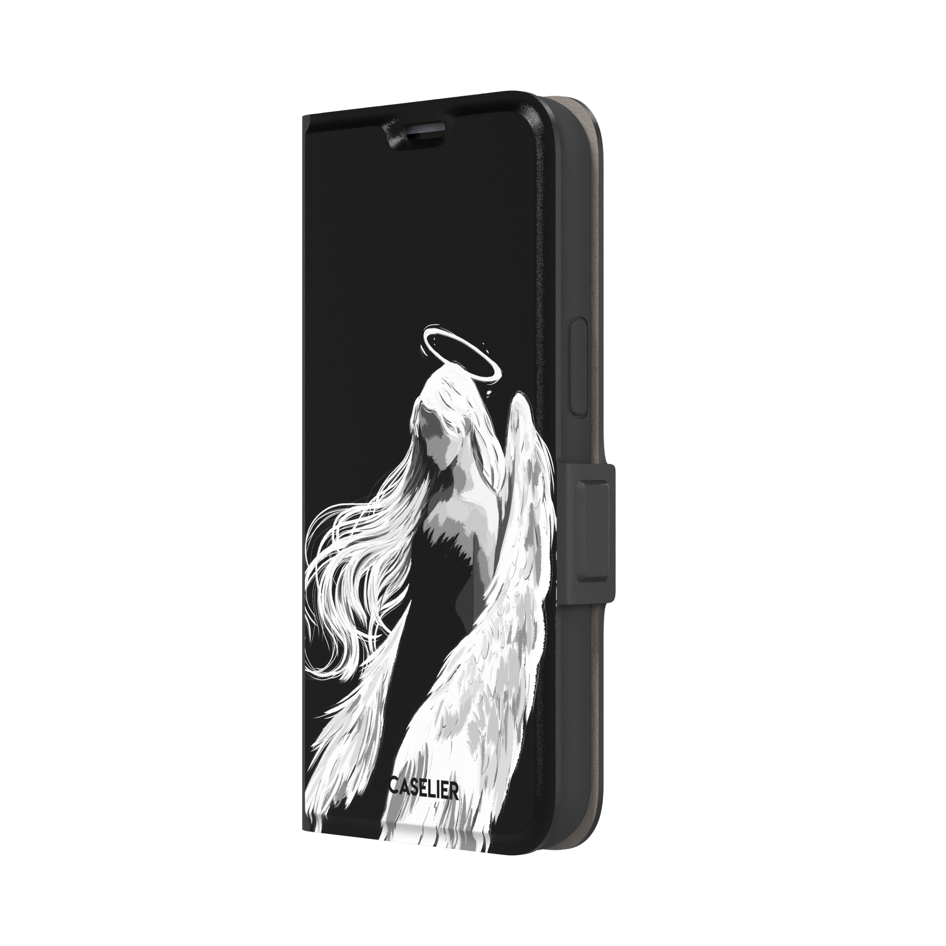 Black phone case featuring a white illustrated angel with flowing hair, large feathered wings and a glowing halo on a dark background — wallet case, right view