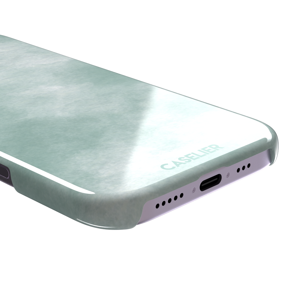 Aqua Green soft mint and teal watercolor phone case, by Caselier — snap case, charging port detail