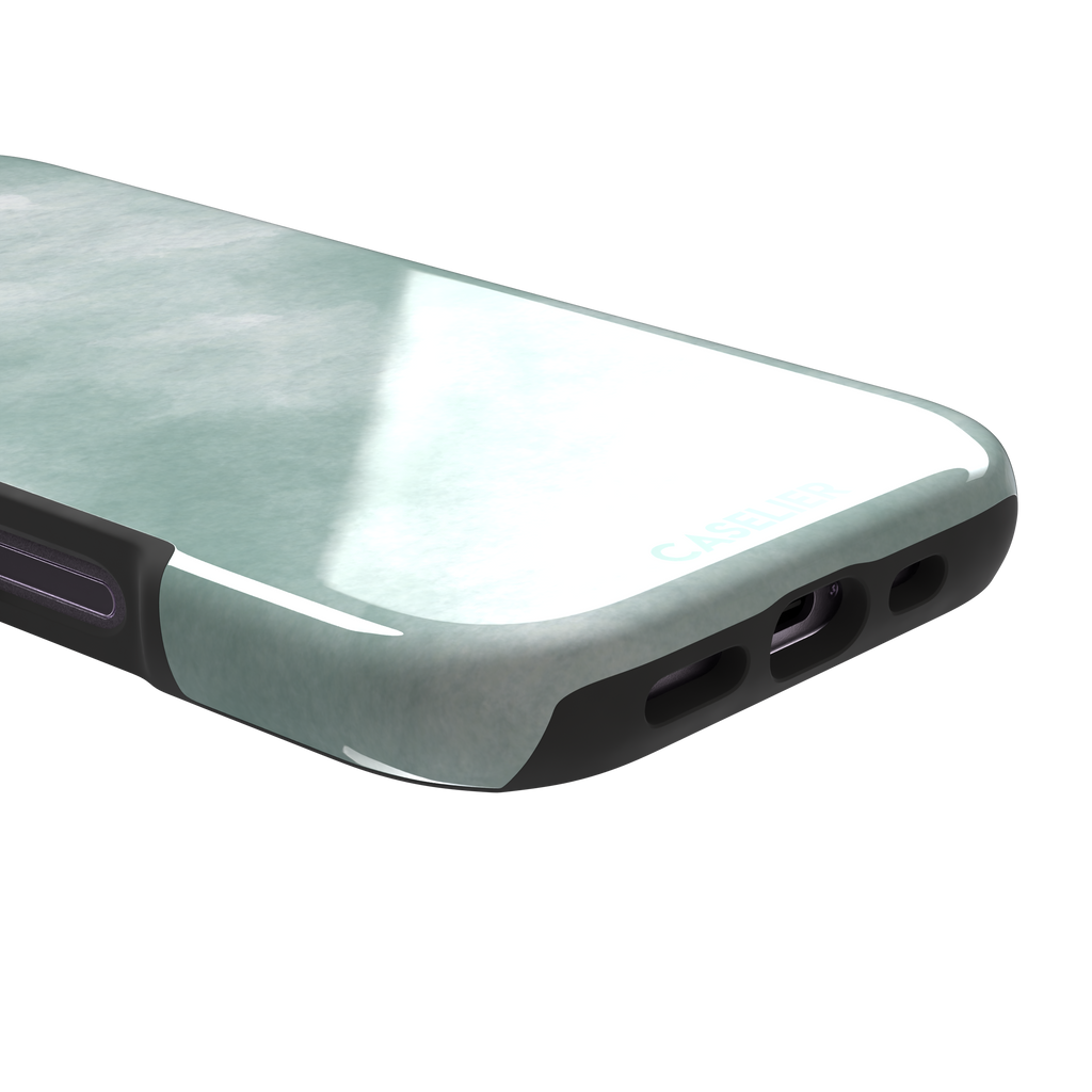 Aqua Green soft mint and teal watercolor phone case, by Caselier — tough case, charging port detail