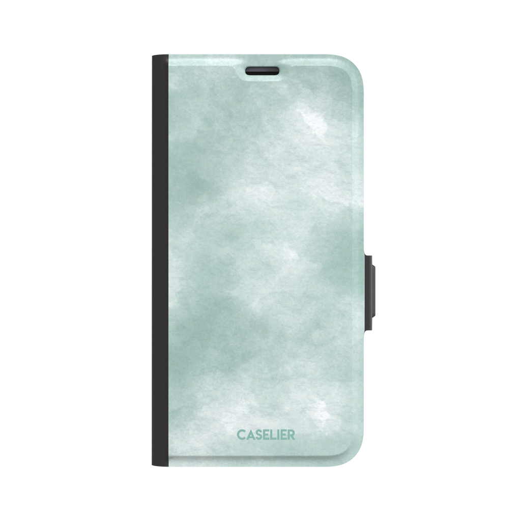 Aqua Green soft mint and teal watercolor phone case, by Caselier — wallet case, front view