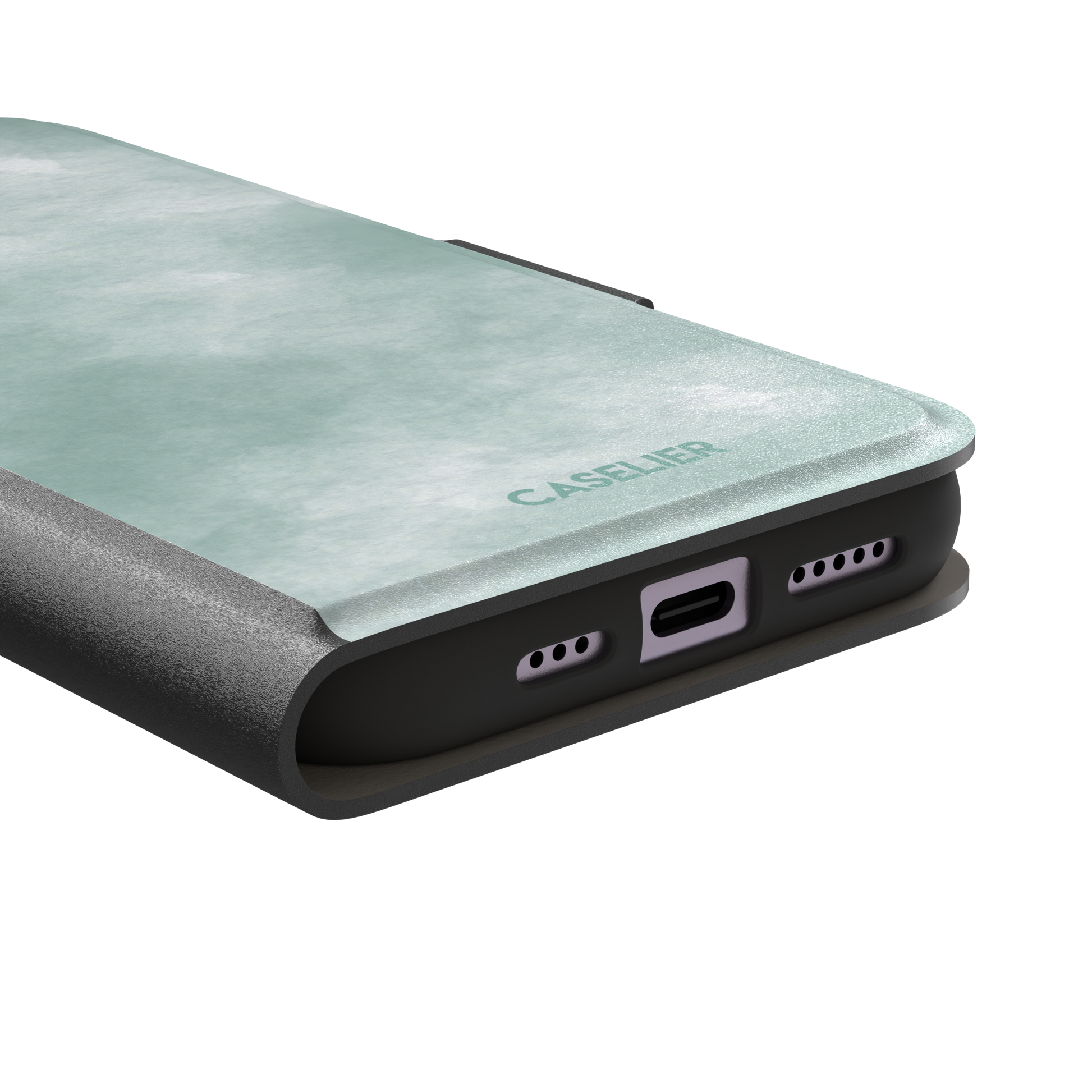 Aqua Green soft mint and teal watercolor phone case, by Caselier — wallet case, charging port detail