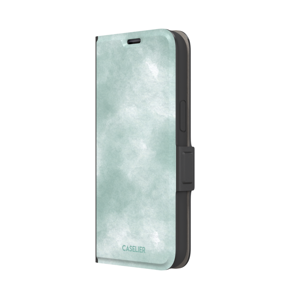 Aqua Green soft mint and teal watercolor phone case, by Caselier — wallet case, right view