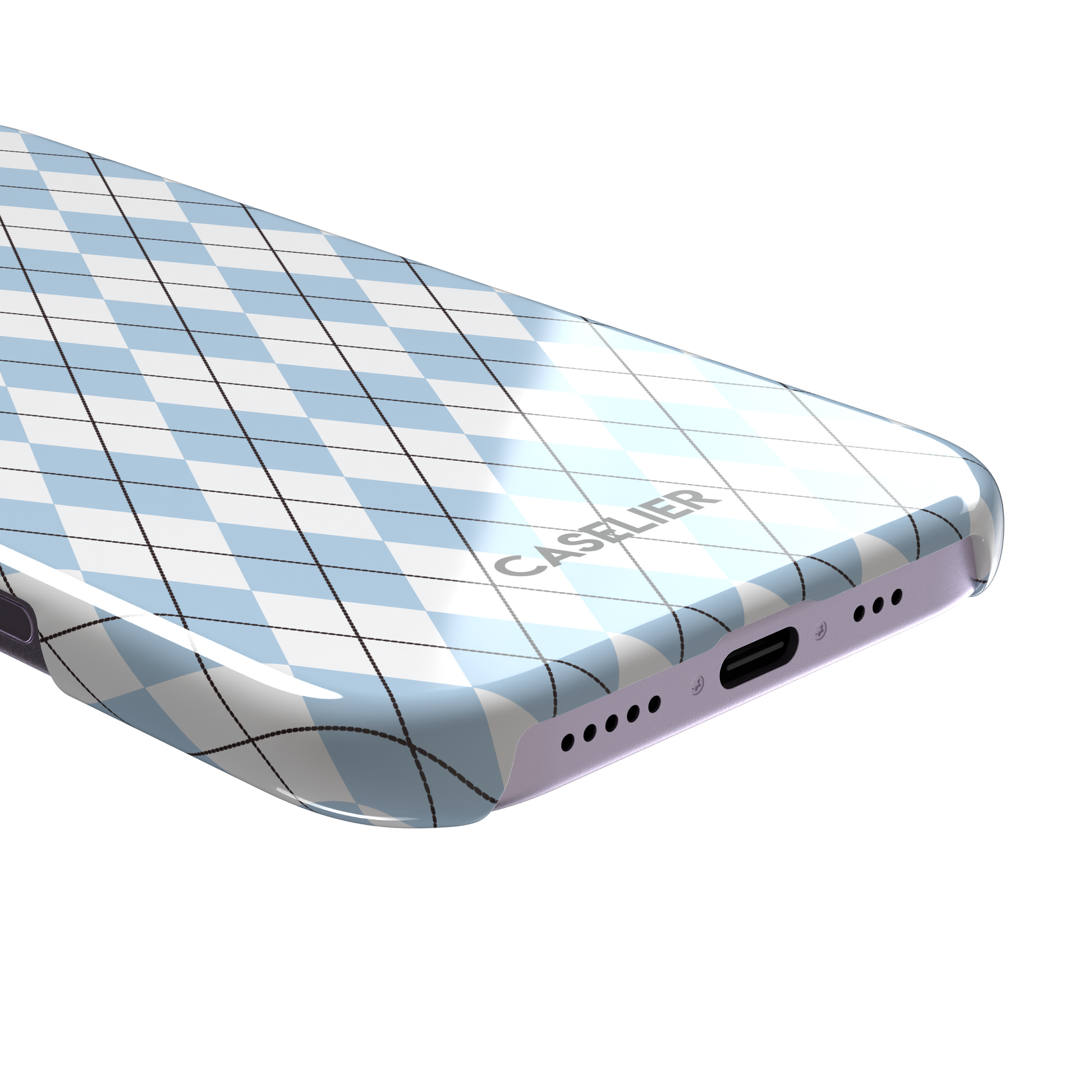 Argyle, sky blue and white argyle diamonds with thin crosshatch lines, snap case, charging port detail, phone case by Caselier