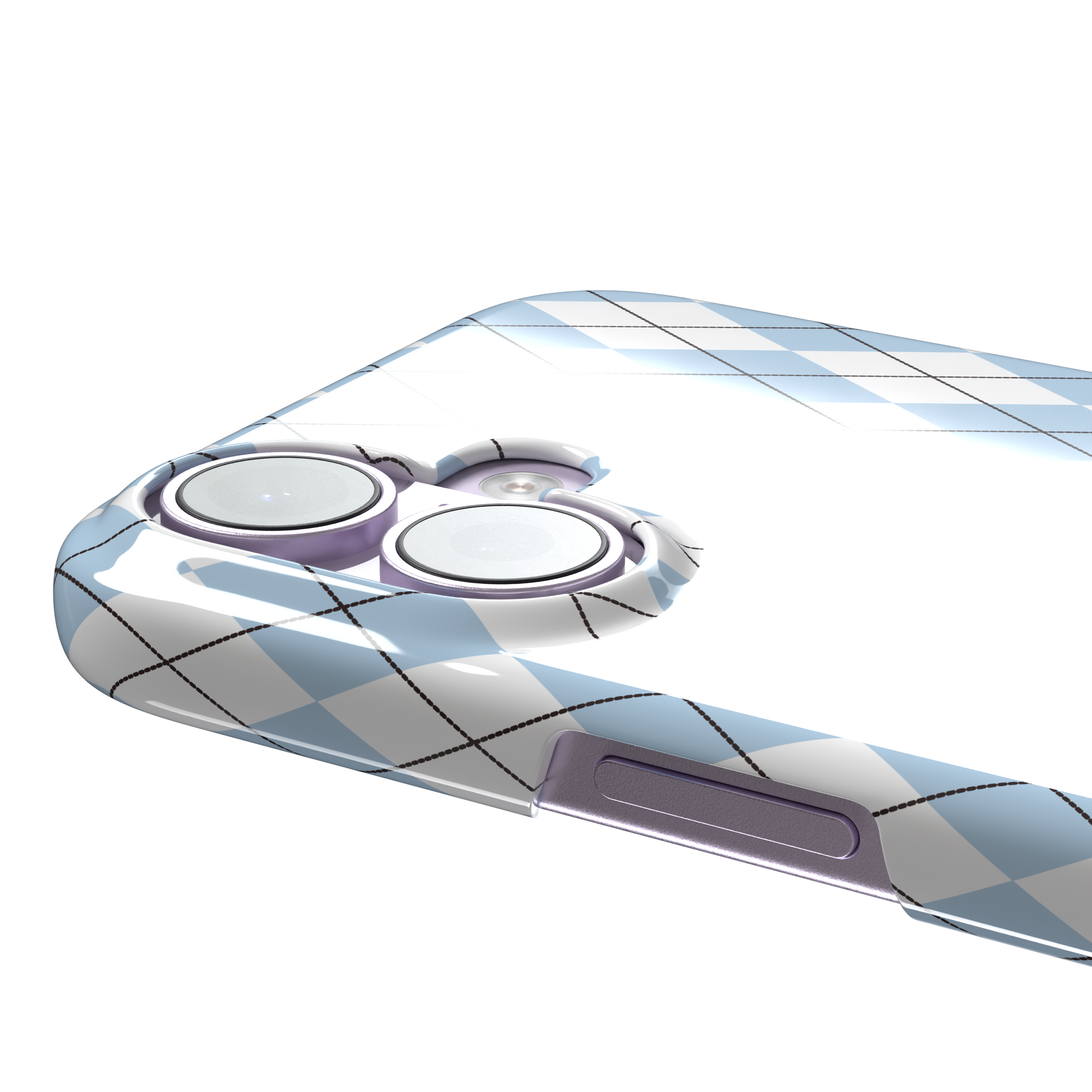 Argyle, sky blue and white argyle diamonds with thin crosshatch lines, snap case, volume buttons detail, phone case by Caselier