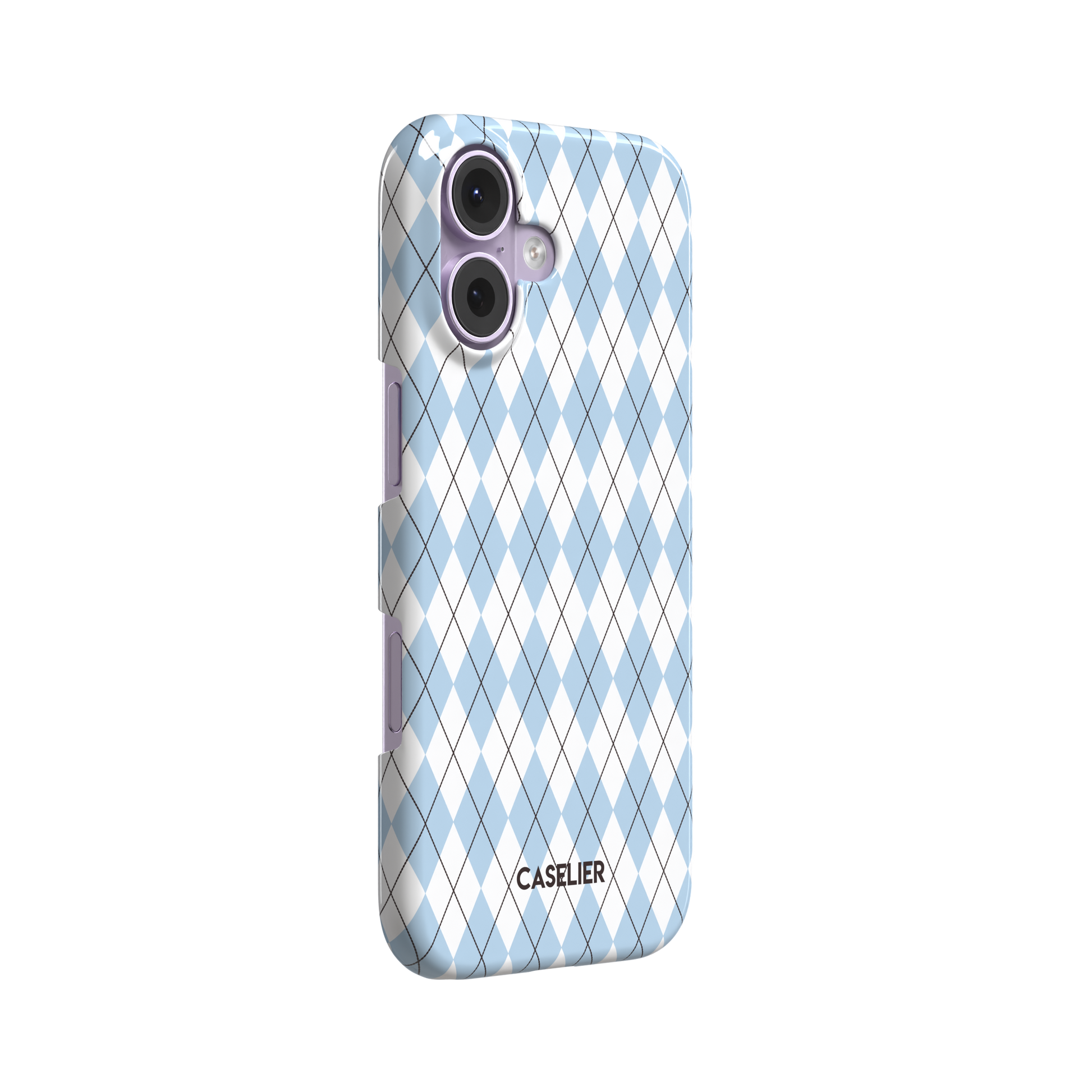 Argyle, sky blue and white argyle diamonds with thin crosshatch lines, snap case, left view, phone case by Caselier