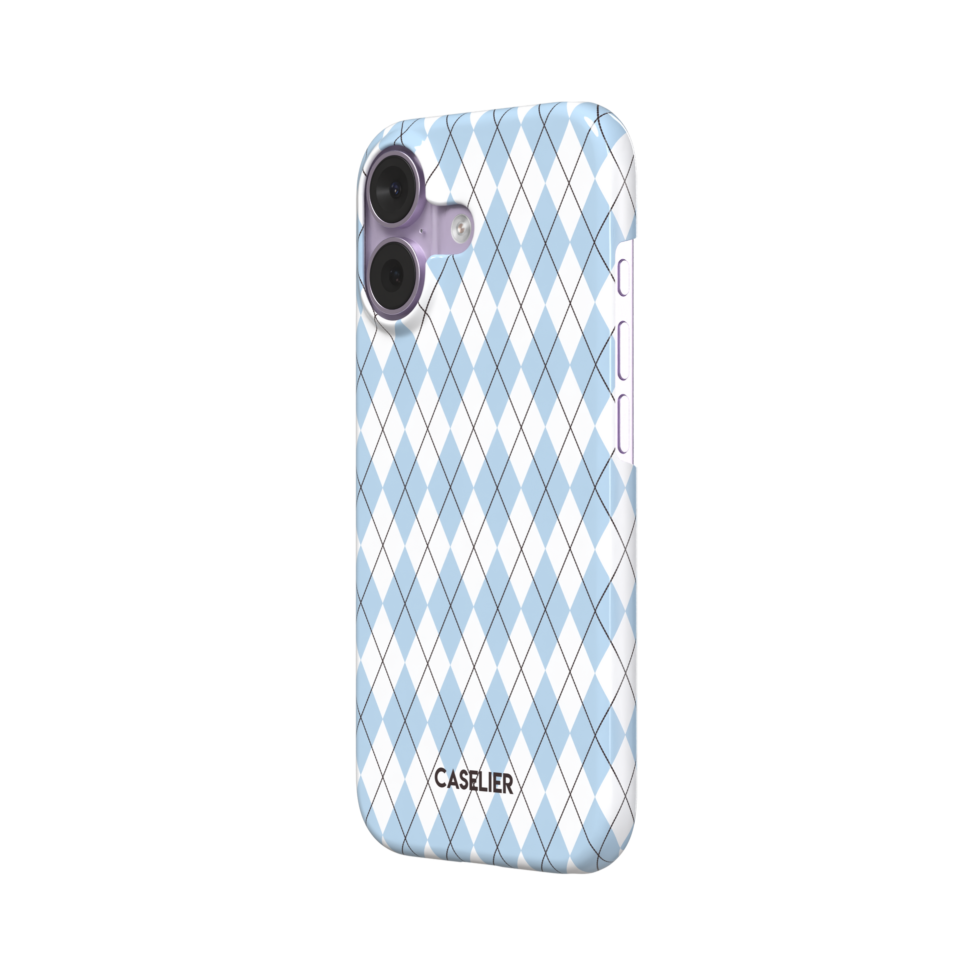 Argyle, sky blue and white argyle diamonds with thin crosshatch lines, snap case, right view, phone case by Caselier