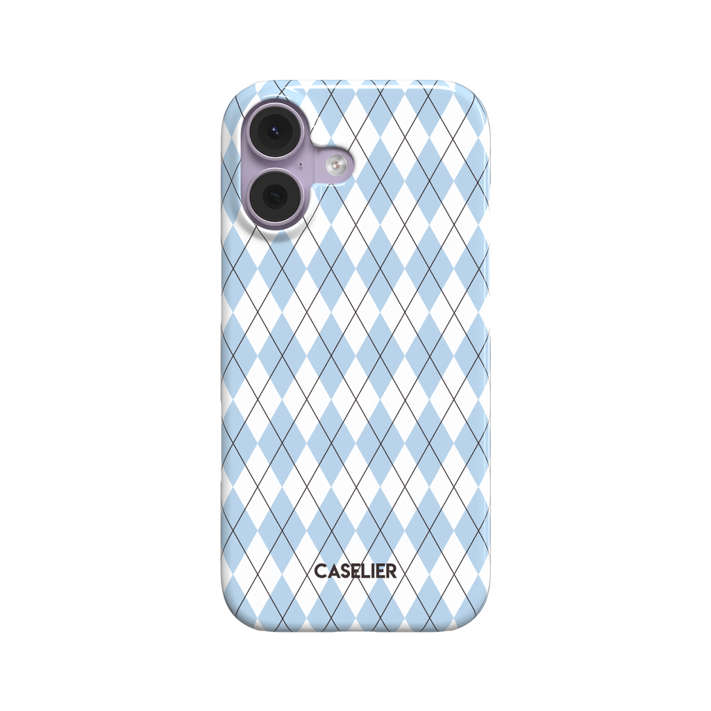 Argyle pattern phone case in powder blue and white with dark crosslines, front-facing view on white background, phone case by Caselier - snap case, front view | Caselier