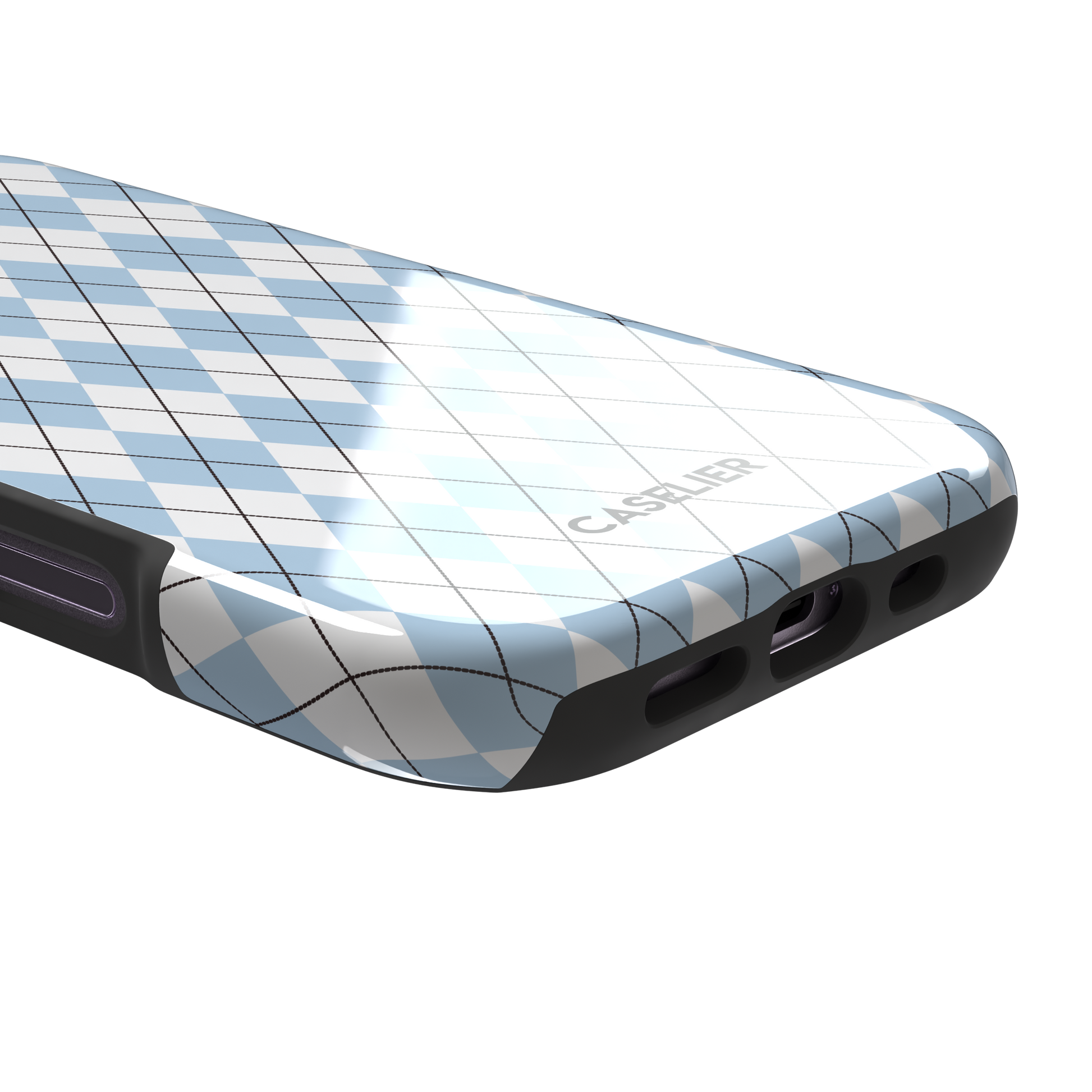 Argyle, sky blue and white argyle diamonds with thin crosshatch lines, tough case, charging port detail, phone case by Caselier