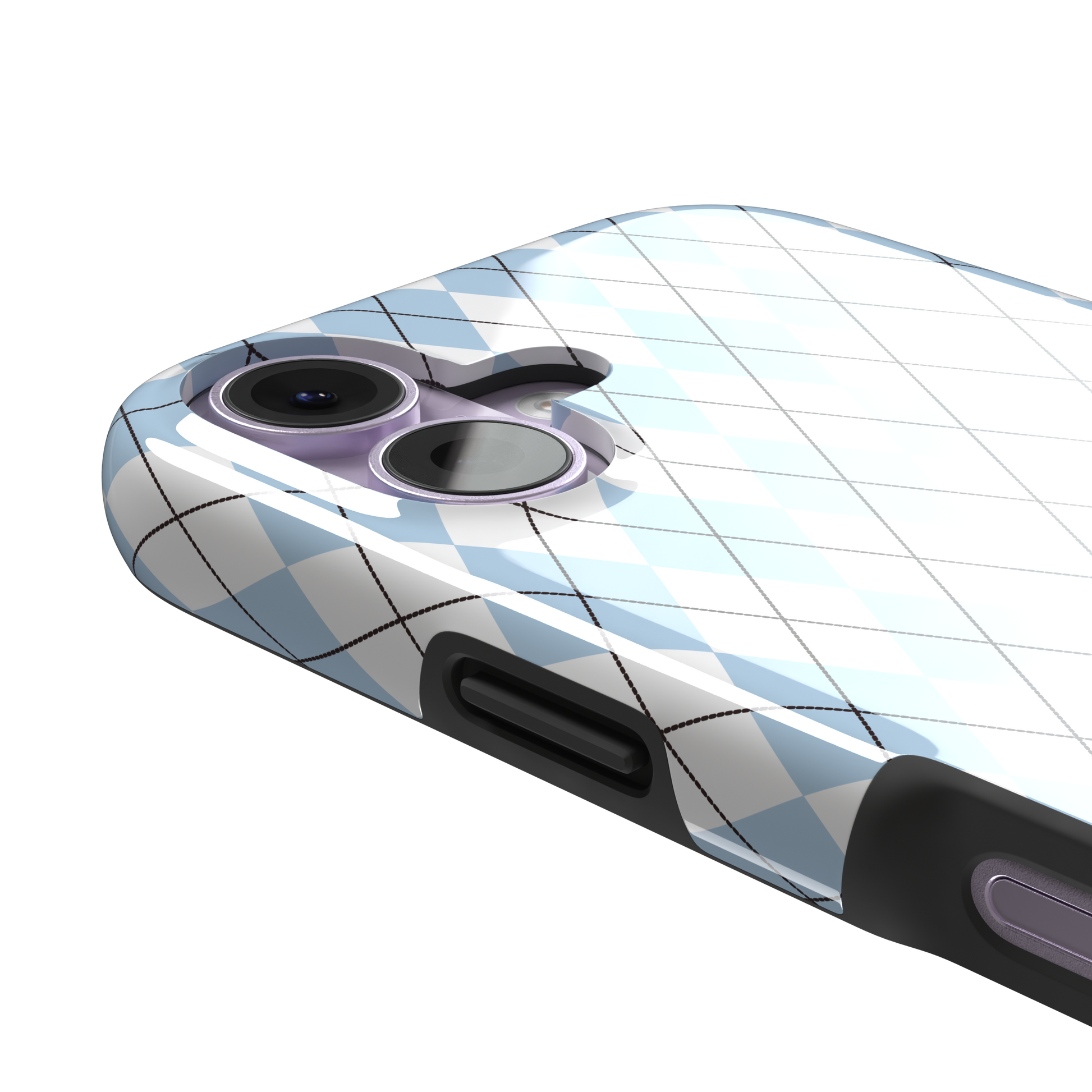 Argyle, sky blue and white argyle diamonds with thin crosshatch lines, tough case, volume buttons detail, phone case by Caselier