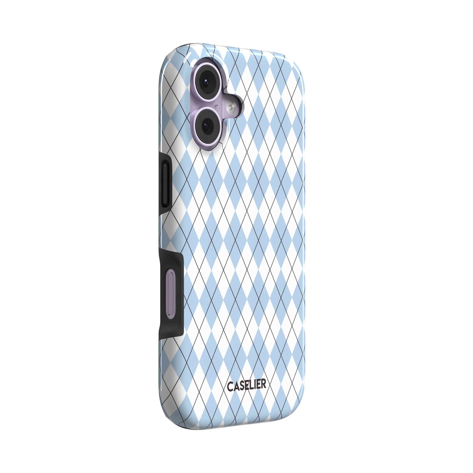 Argyle, sky blue and white argyle diamonds with thin crosshatch lines, tough case, left view, phone case by Caselier