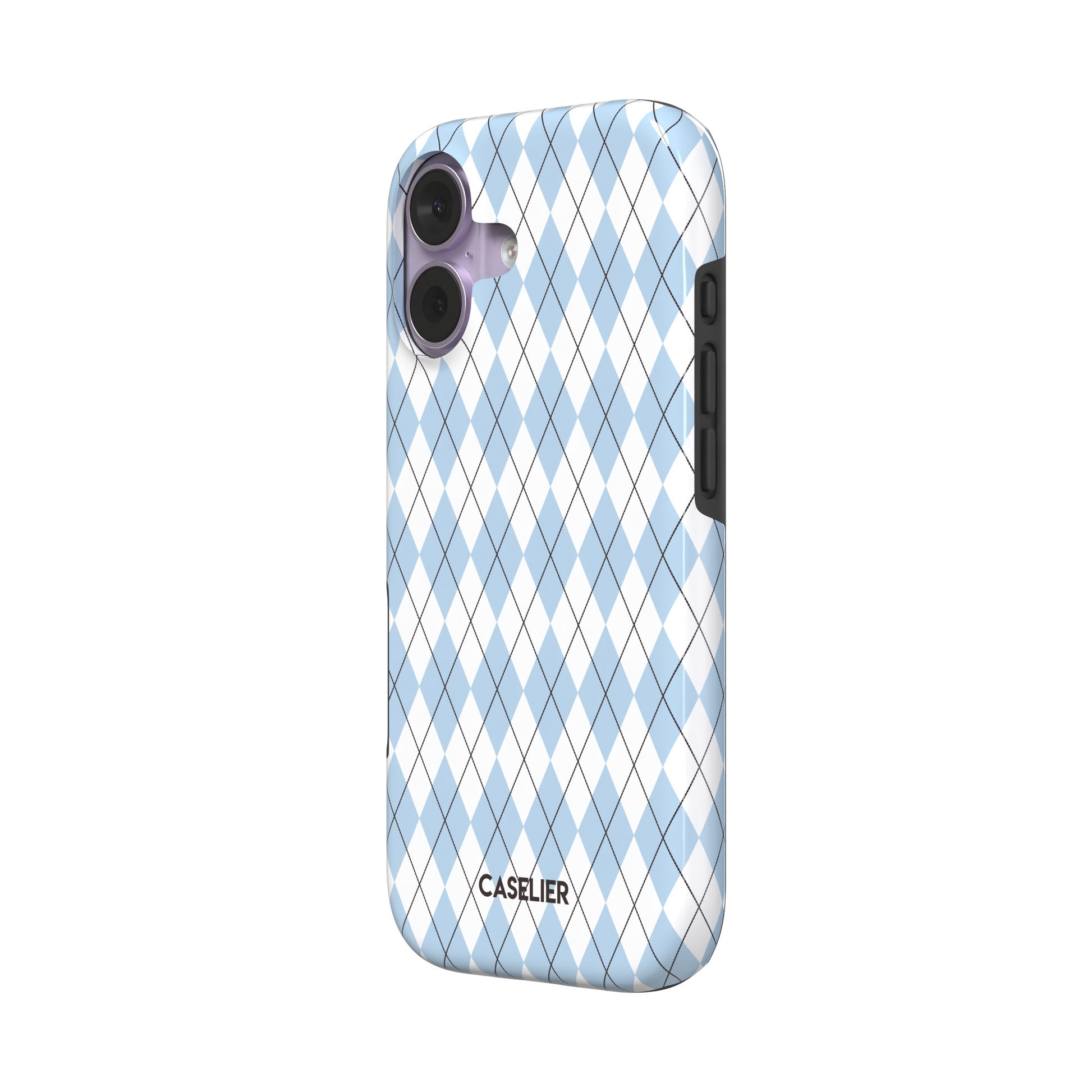 Argyle, sky blue and white argyle diamonds with thin crosshatch lines, tough case, right view, phone case by Caselier