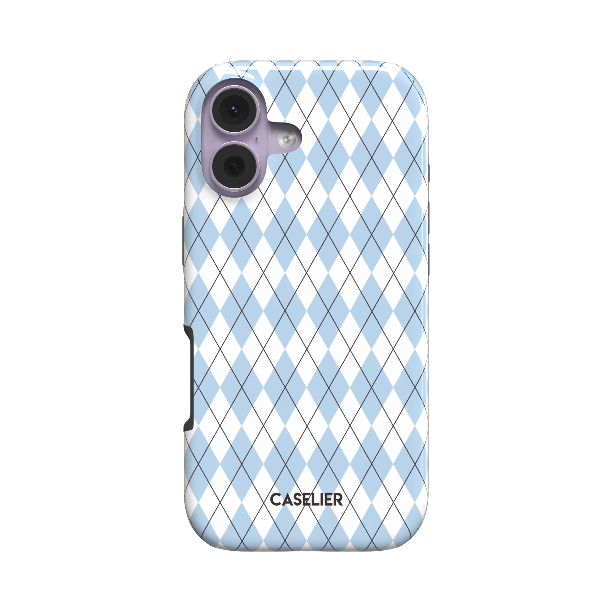 Argyle pattern phone case in powder blue and white with dark crosslines, slightly angled rear view showing case edges, phone case by Caselier - tough case, front view | Caselier