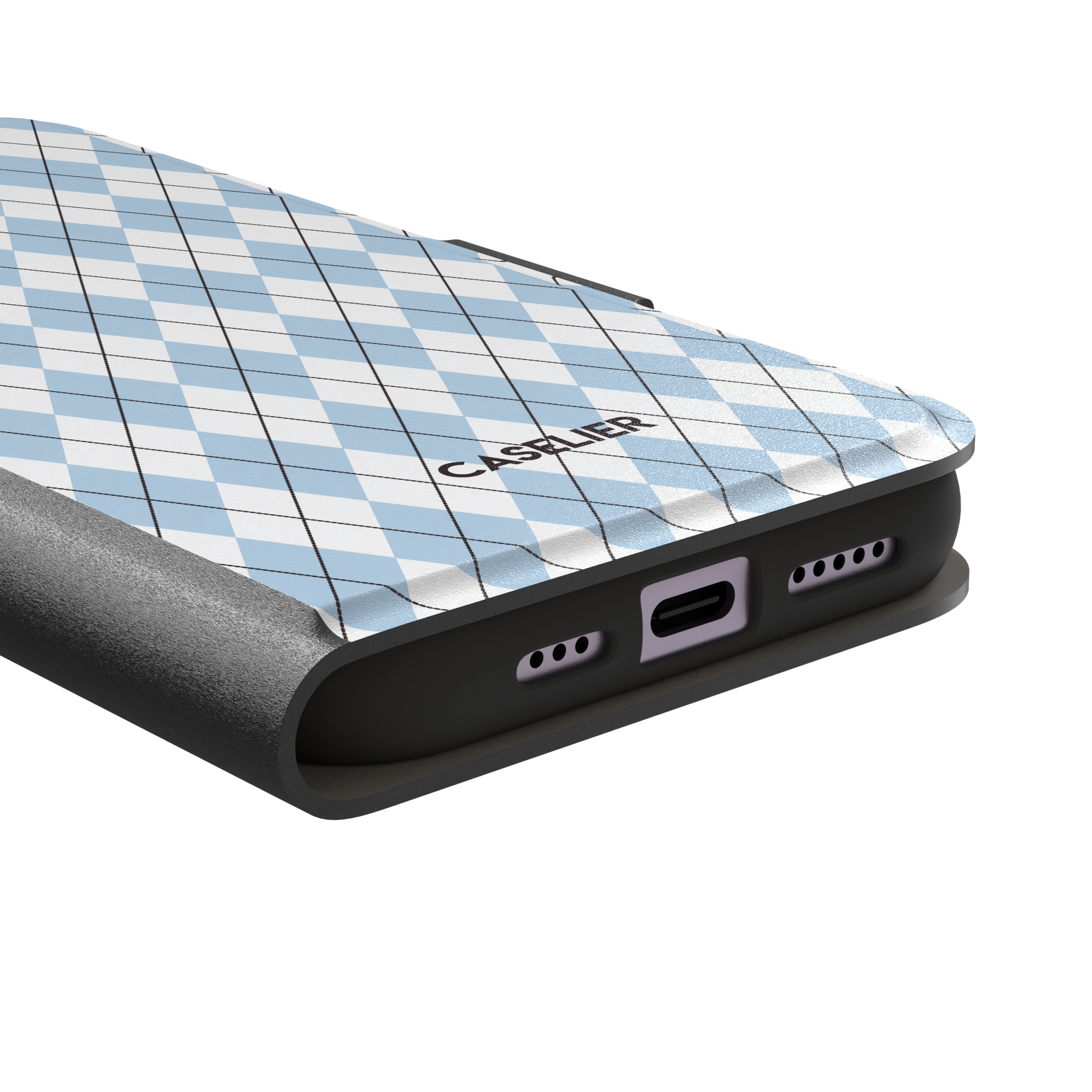 Argyle, sky blue and white argyle diamonds with thin crosshatch lines, wallet case, charging port detail, phone case by Caselier
