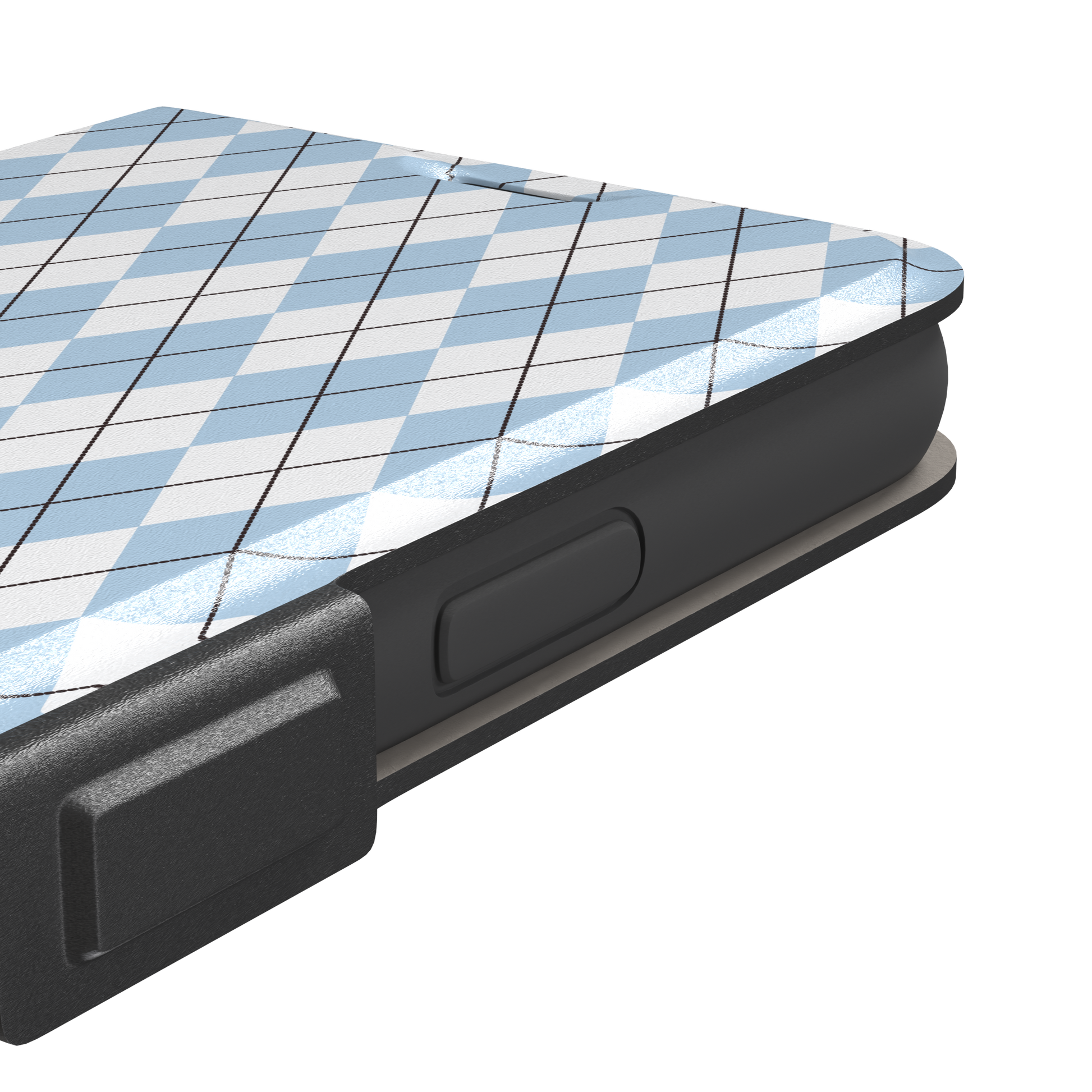 Argyle, sky blue and white argyle diamonds with thin crosshatch lines, wallet case, volume buttons detail, phone case by Caselier