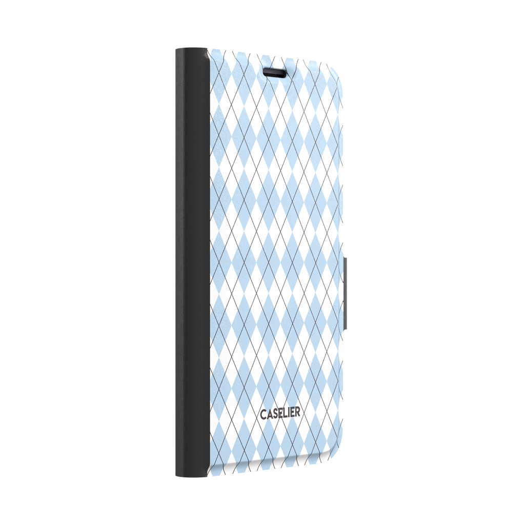 Argyle, sky blue and white argyle diamonds with thin crosshatch lines, wallet case, left view, phone case by Caselier