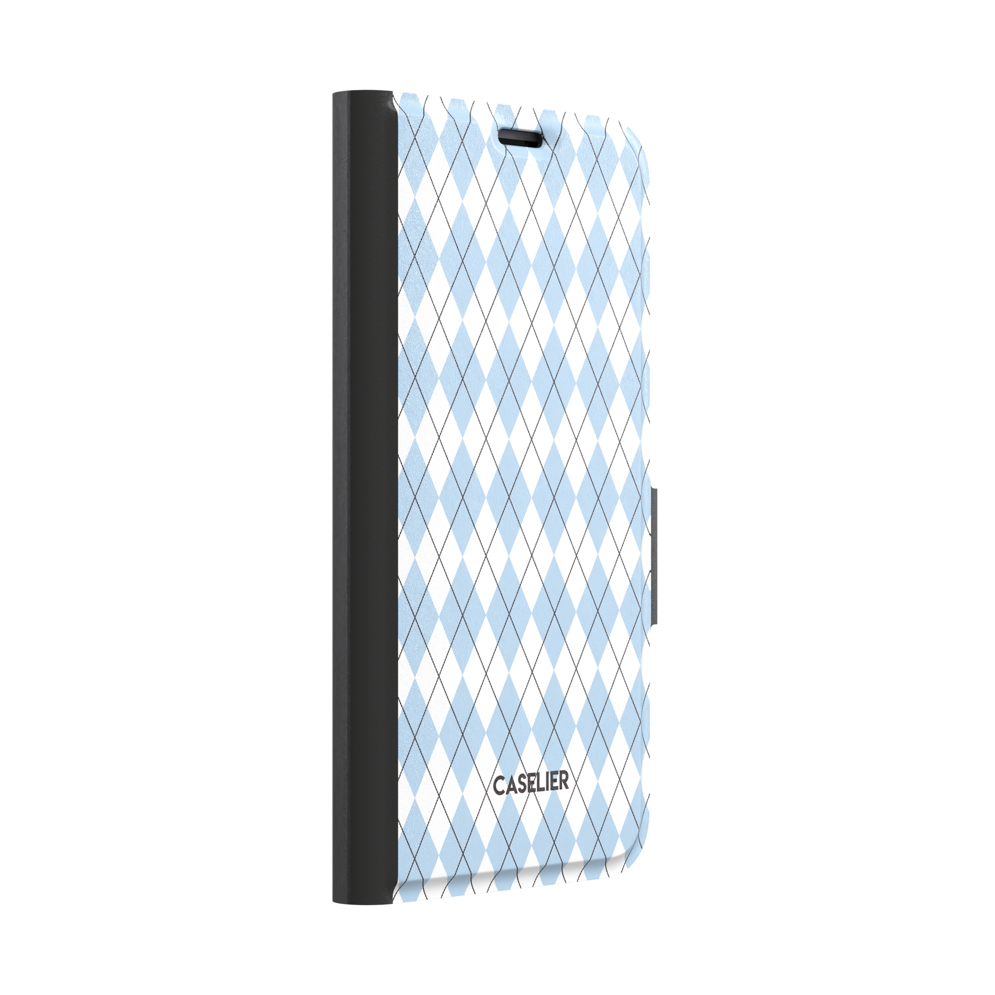 Argyle, sky blue and white argyle diamonds with thin crosshatch lines, wallet case, left view, phone case by Caselier