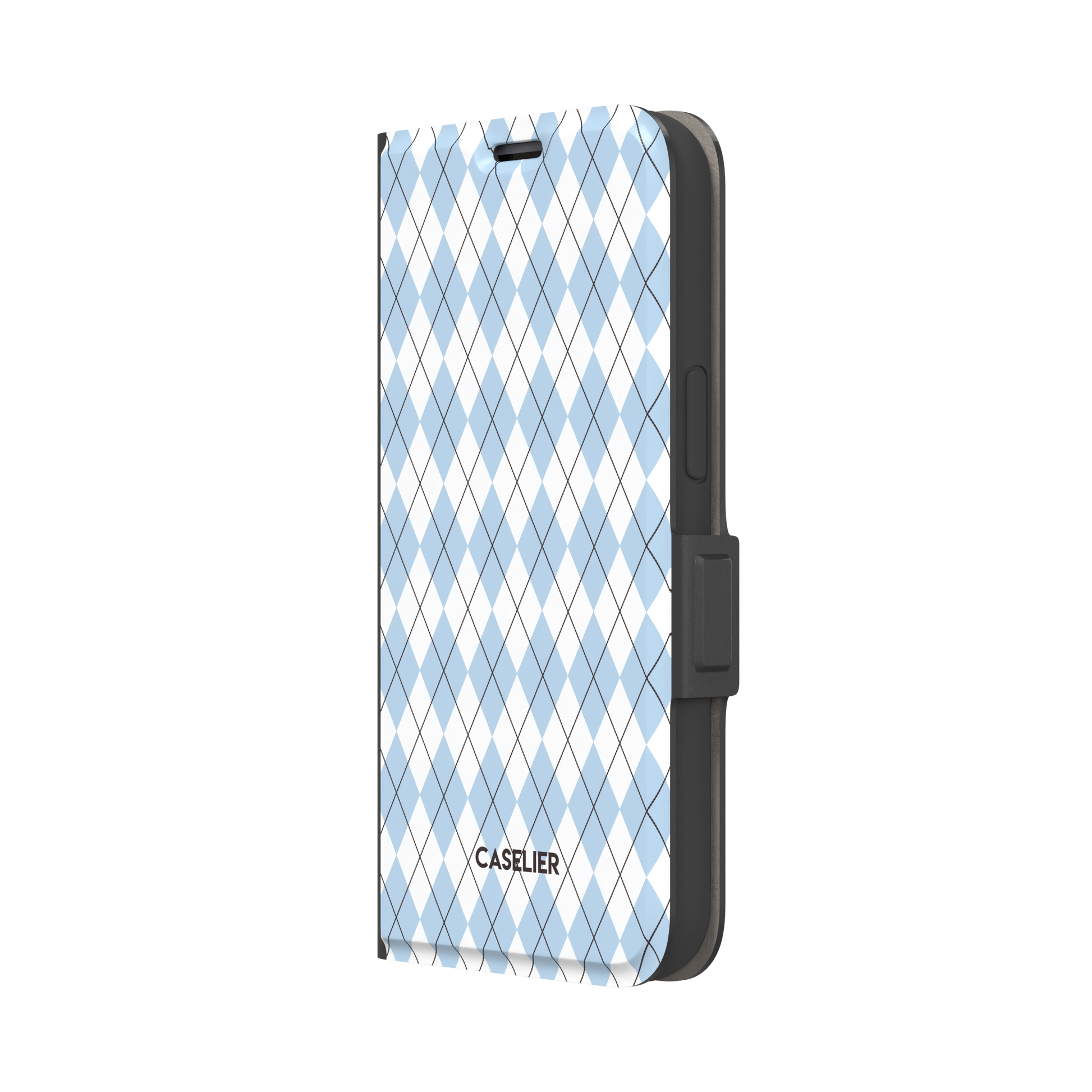Argyle, sky blue and white argyle diamonds with thin crosshatch lines, wallet case, right view, phone case by Caselier