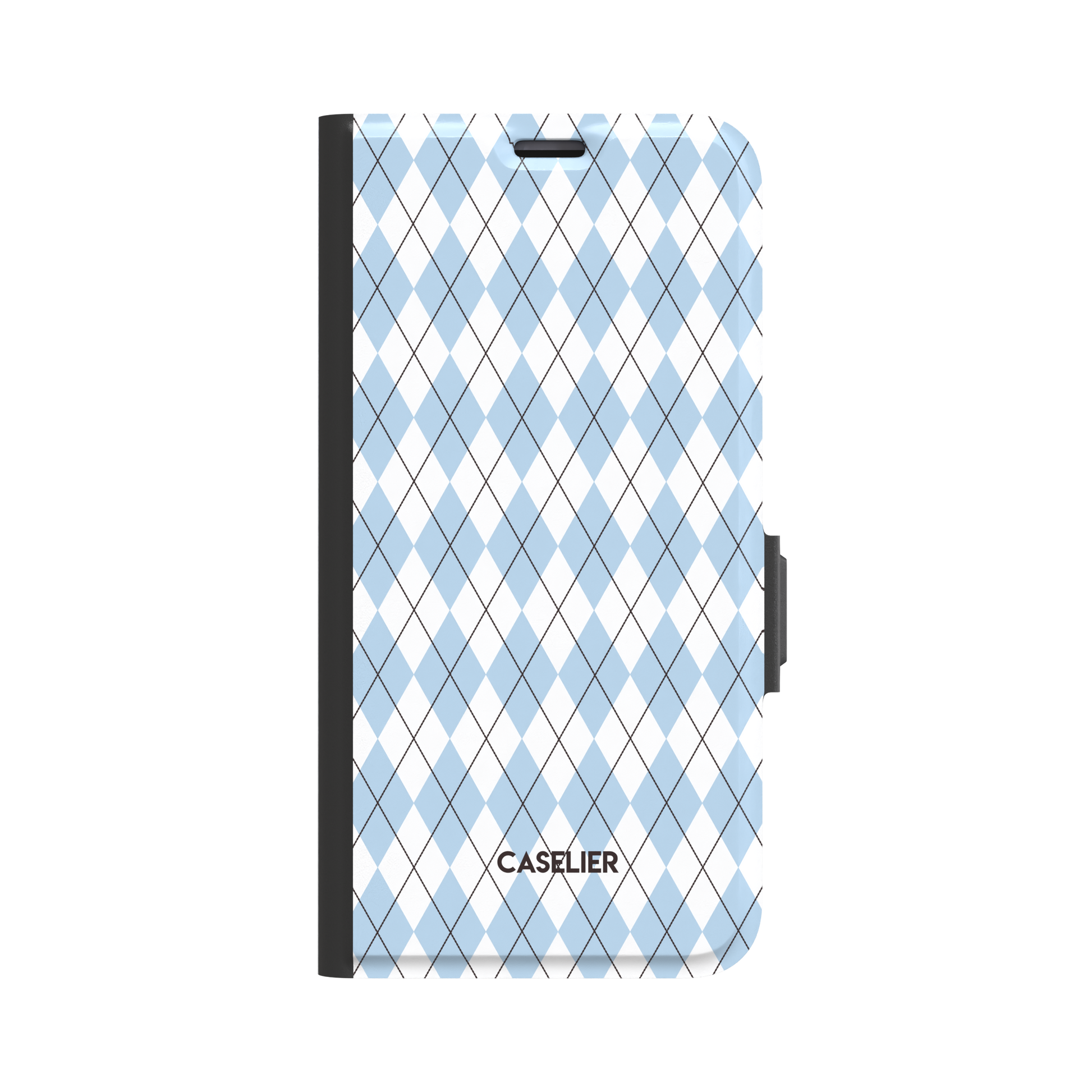 Argyle pattern folio wallet case in powder blue and white with dark crosslines, three-quarter angled view showing black spine and magnetic clasp, phone case by Caselier - wallet case, front view | Caselier