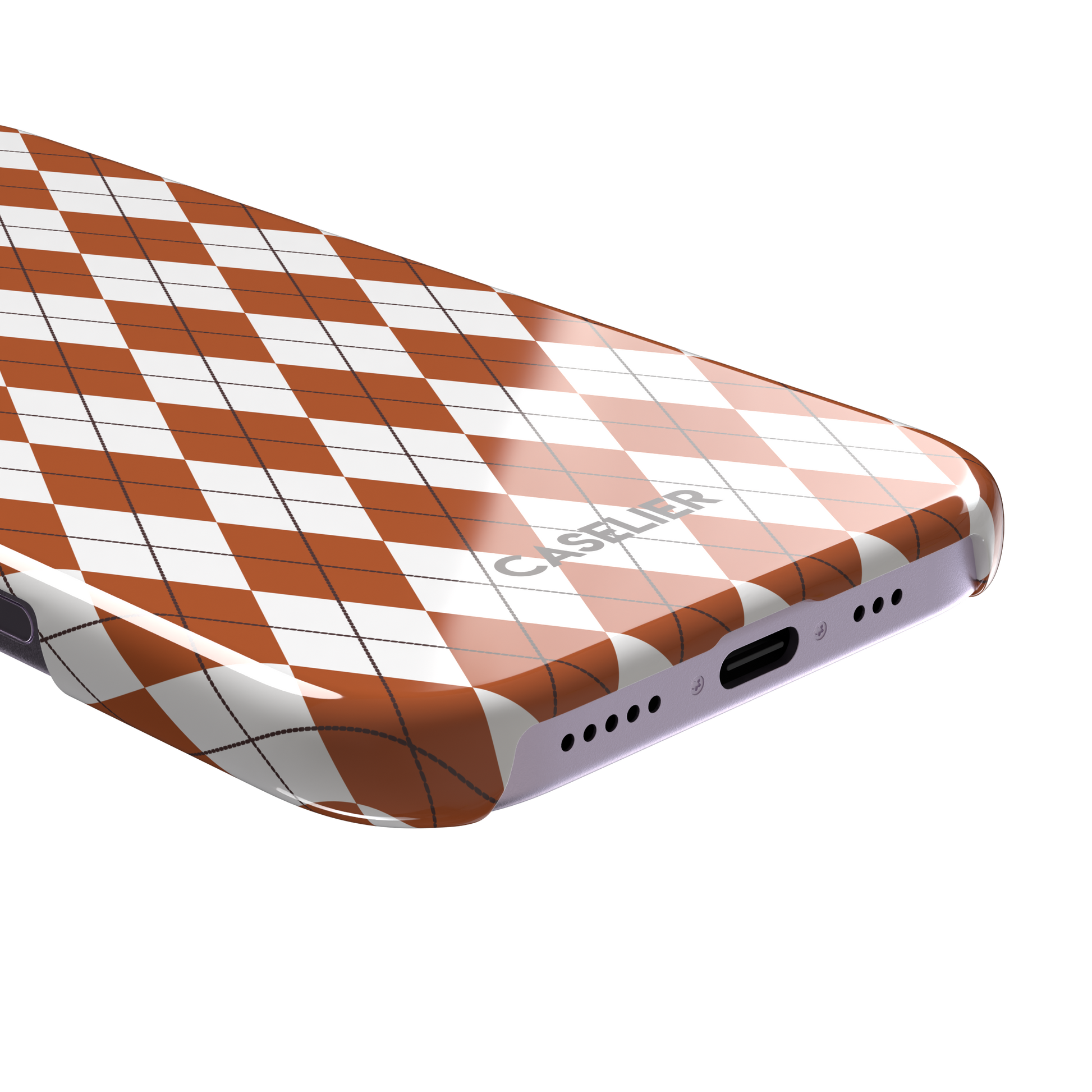 Argyle, rust orange and white argyle diamonds with thin crosshatch lines, snap case, charging port detail, phone case by Caselier