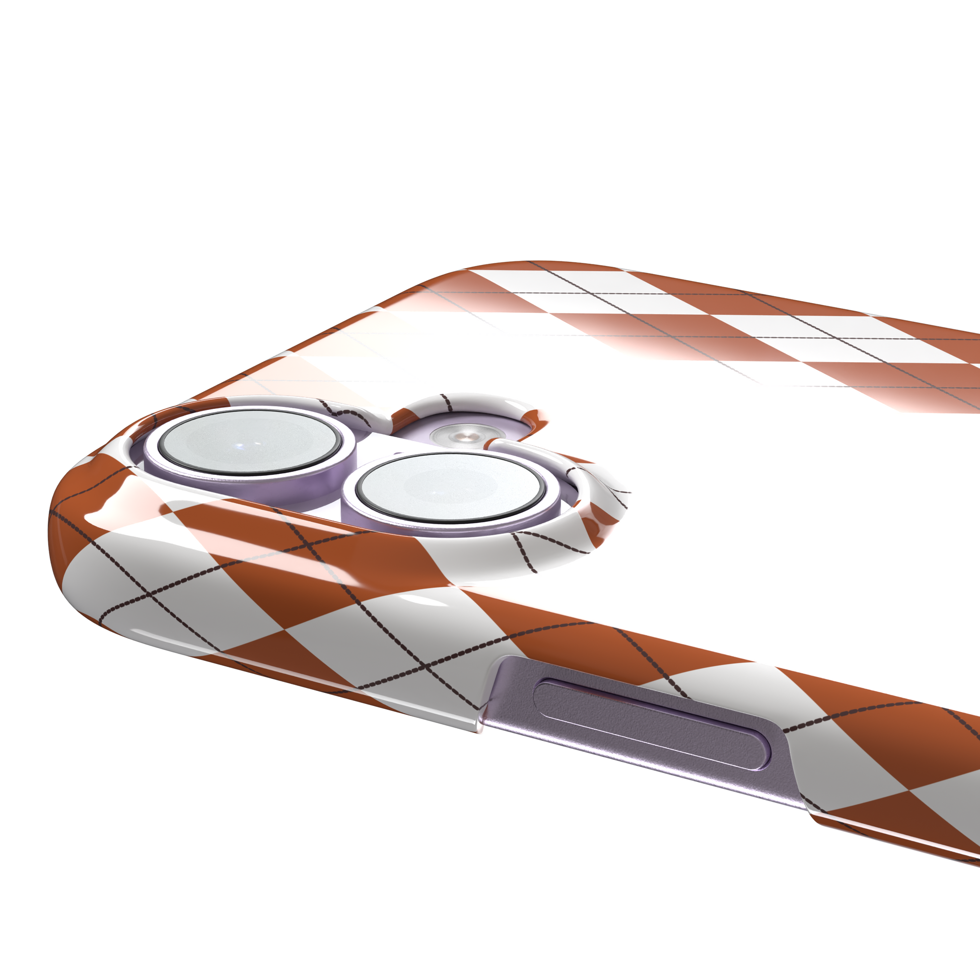 Argyle, rust orange and white argyle diamonds with thin crosshatch lines, snap case, volume buttons detail, phone case by Caselier